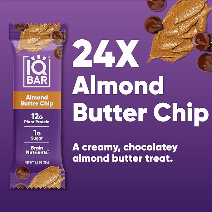 IQBAR Brain and Body Plant Protein Bars - Almond Butter Chip - 24-Count Low Carb - Gluten Free, High Fiber, Vegan Snacks - Low Sugar Meal Replacement