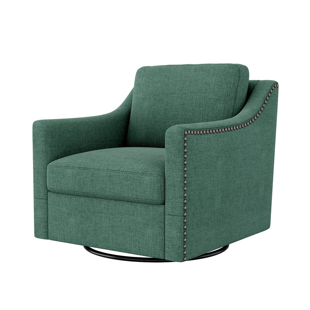 Accent Chair Swivel 360 Degree Linen Blackish Green Brass Nailheads 300 LB