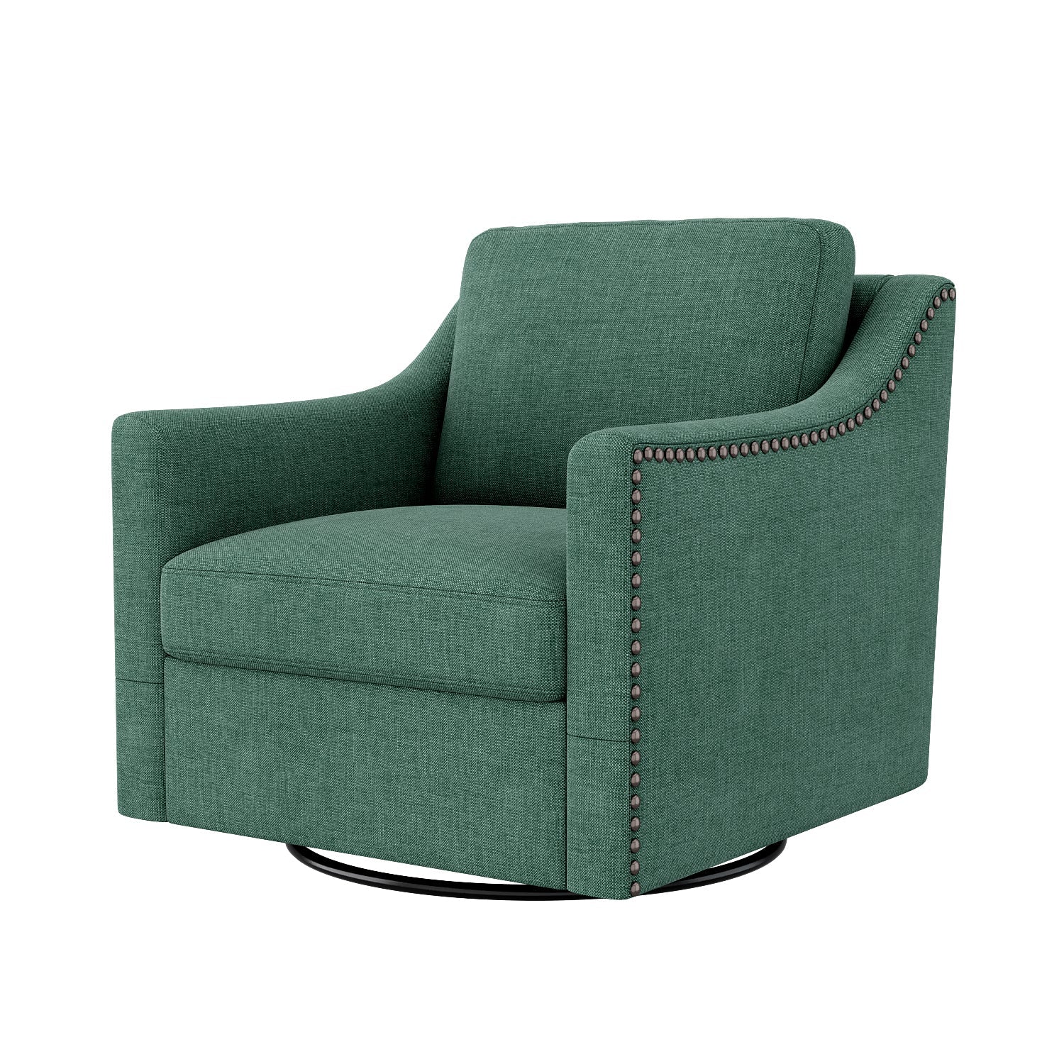 Accent Chair Swivel 360 Degree Linen Blackish Green Brass Nailheads 300 LB