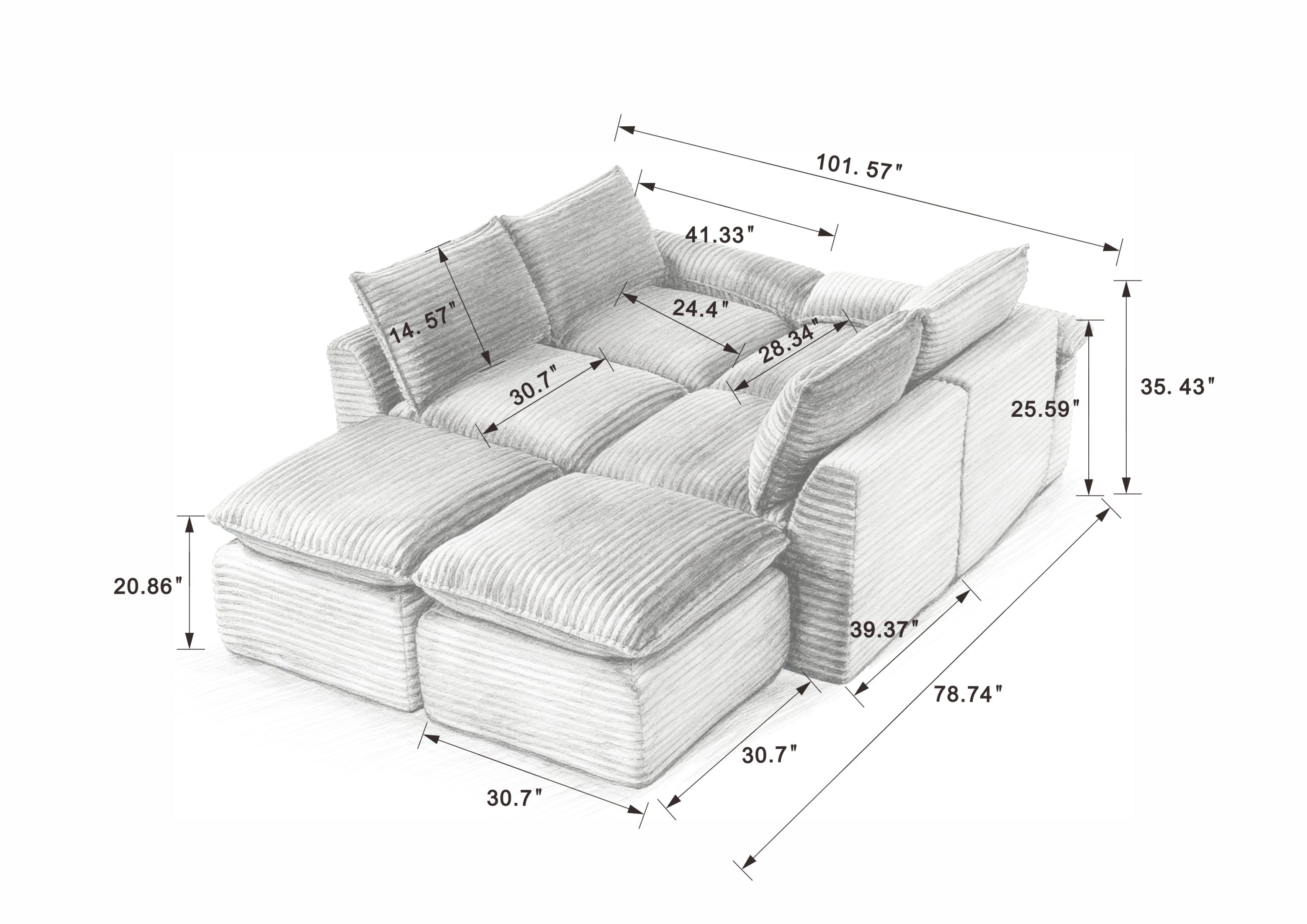Sectional Sofa Cloud Modular Corduroy White 6 Seat 101 In Sponge Fill