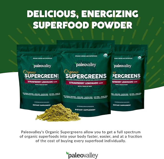 Paleovalley Organic Supergreens - Organic Greens Powder Superfood for Immune Support - Paleo Green Powder Blend - 28 Servings - 23 Organic Superfoods - Gluten Free, No Cereal Grasses, Soy or Grain