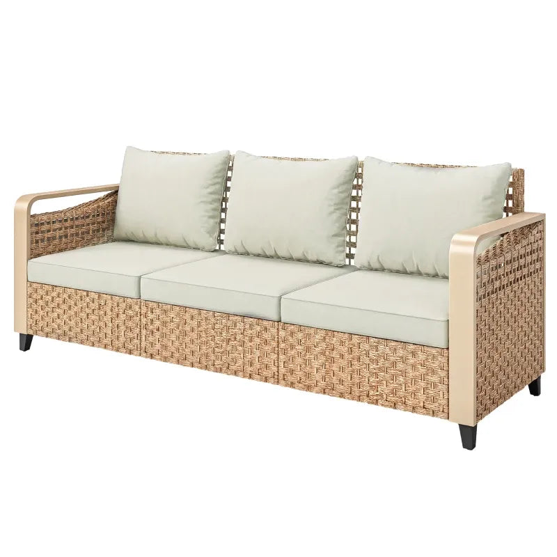 Outdoor Patio Sofa PE Rattan Brown Beige Cushions 3 Seat 76in