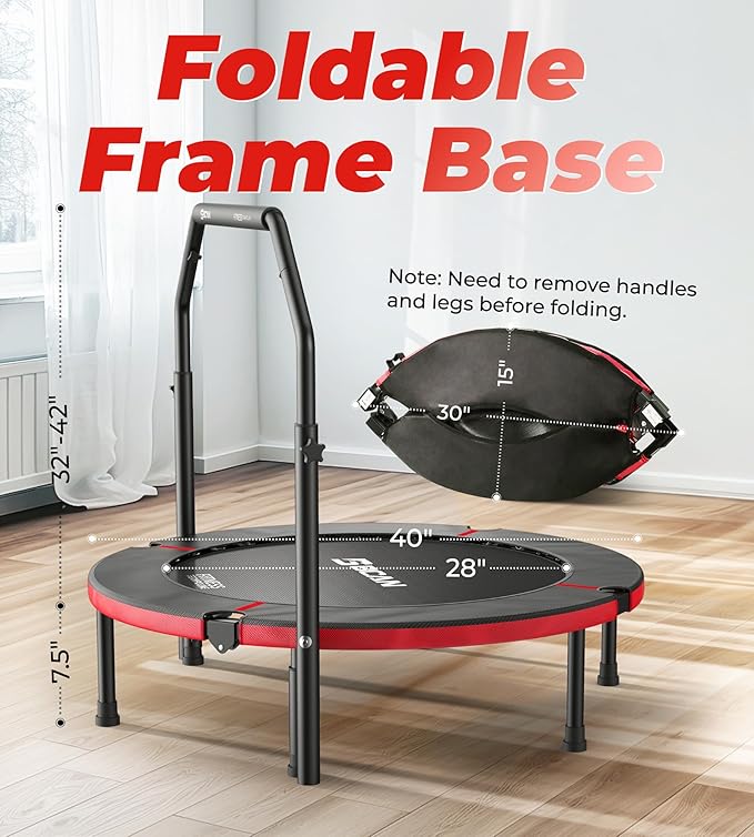 BCAN 40"/48" Foldable Mini Trampoline, Rebounder Trampoline for Adults, U/T Shape Adjustable Foam Handle, Exercise Rebounder for Adults Indoor/Garden Workout, Max Load 330lbs/440lbs