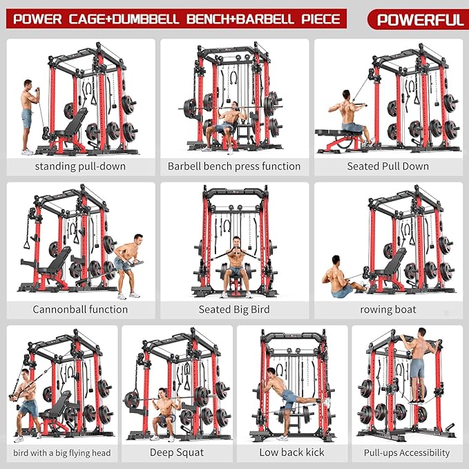 Power Cages Multi-Purpose Squat Rack with Cable Crossover System, Matching Weight Bench, Olympic Barbell Weight Set for Garage and Home Gyms
