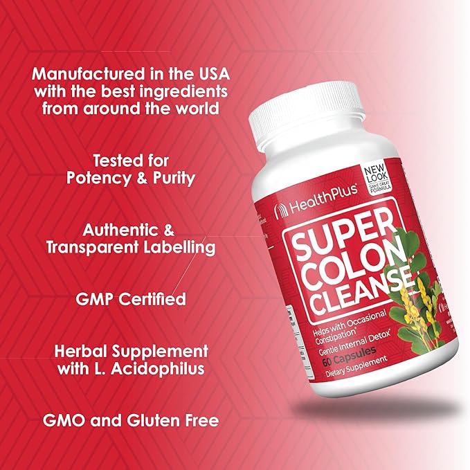 Health Plus Super Colon Cleanse 30 Day Supply of Gentle Gut Cleanse Detox, Psyllium Husk, Probiotics for Constipation Relief & Digestive Support, 120 Capsules