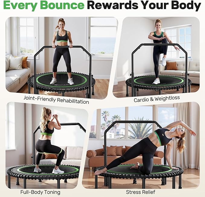 BCAN 40"/48" Rebounder Trampoline for Adult, 450/550LBS Fitness Trampoline with Bungees, Adjustable Handle, Stable & Quiet, Indoor Outdoor, Whole-Body Workout & Relaxation at Home for Women/Men