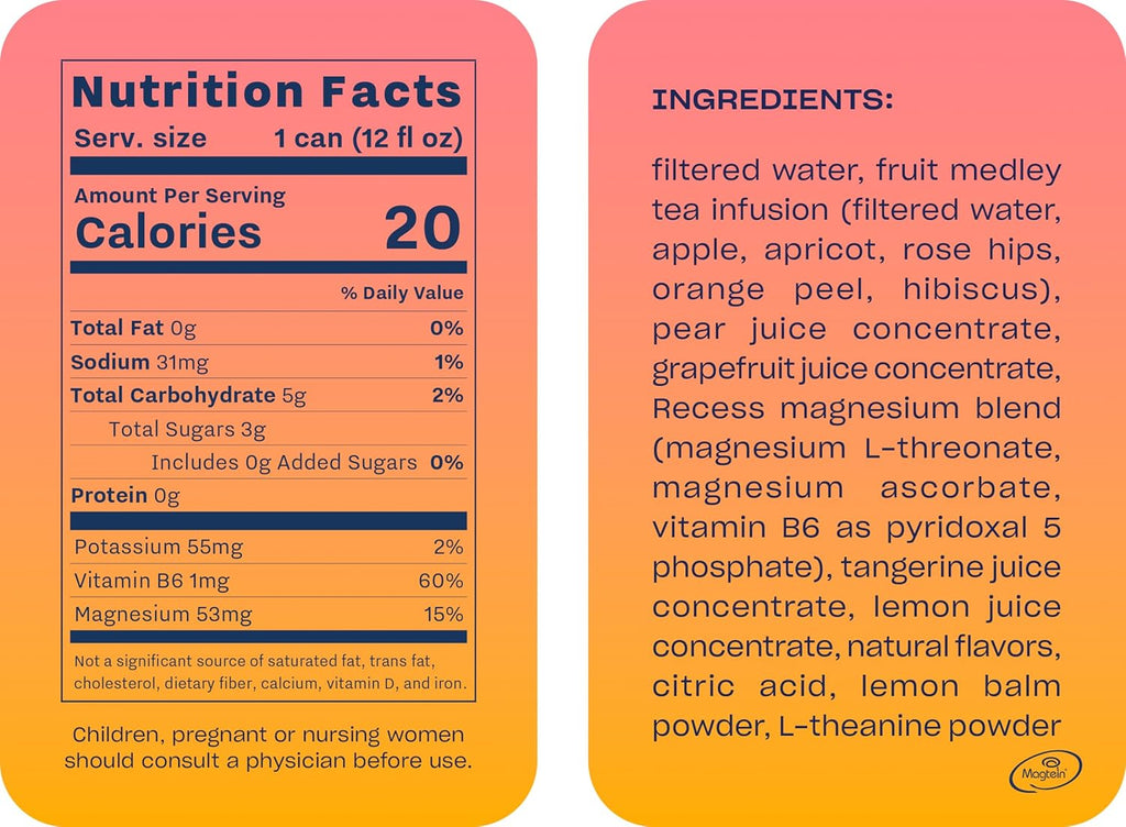 Recess Sparkling Water, Grapefruit Tangerine + Magnesium, 12 fl oz, 12-Pack