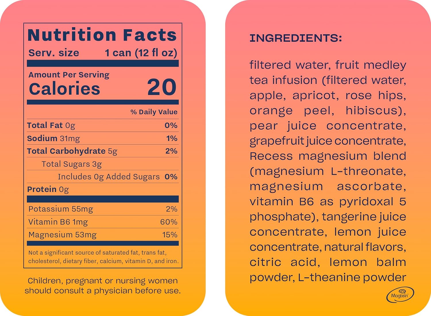 Recess Sparkling Water, Grapefruit Tangerine + Magnesium, 12 fl oz, 12-Pack