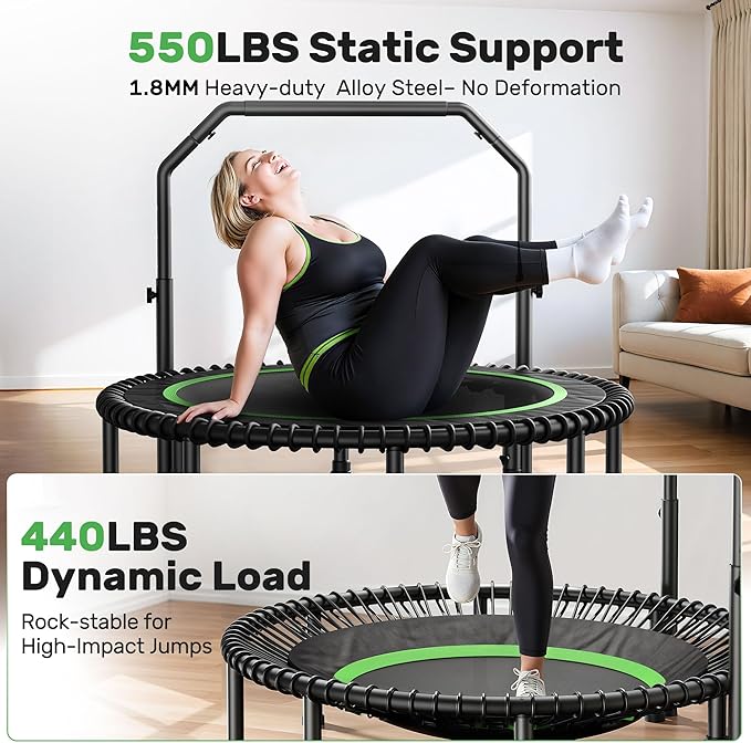 BCAN 40"/48" Rebounder Trampoline for Adult, 450/550LBS Fitness Trampoline with Bungees, Adjustable Handle, Stable & Quiet, Indoor Outdoor, Whole-Body Workout & Relaxation at Home for Women/Men