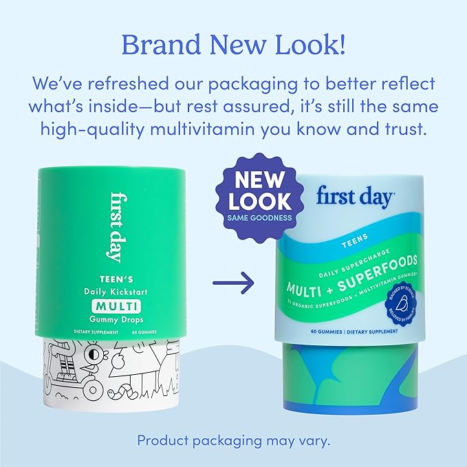 FIRST DAY Vitamins for Teens - Teen Multi Vitamins for Girls & Boys 12-17, Organic Fruit & Veggie Blend - 12 Key Nutrients: Vitamins A, B1, B2, B6, B9, B12, C, D3, E, K2-30 Day Supply