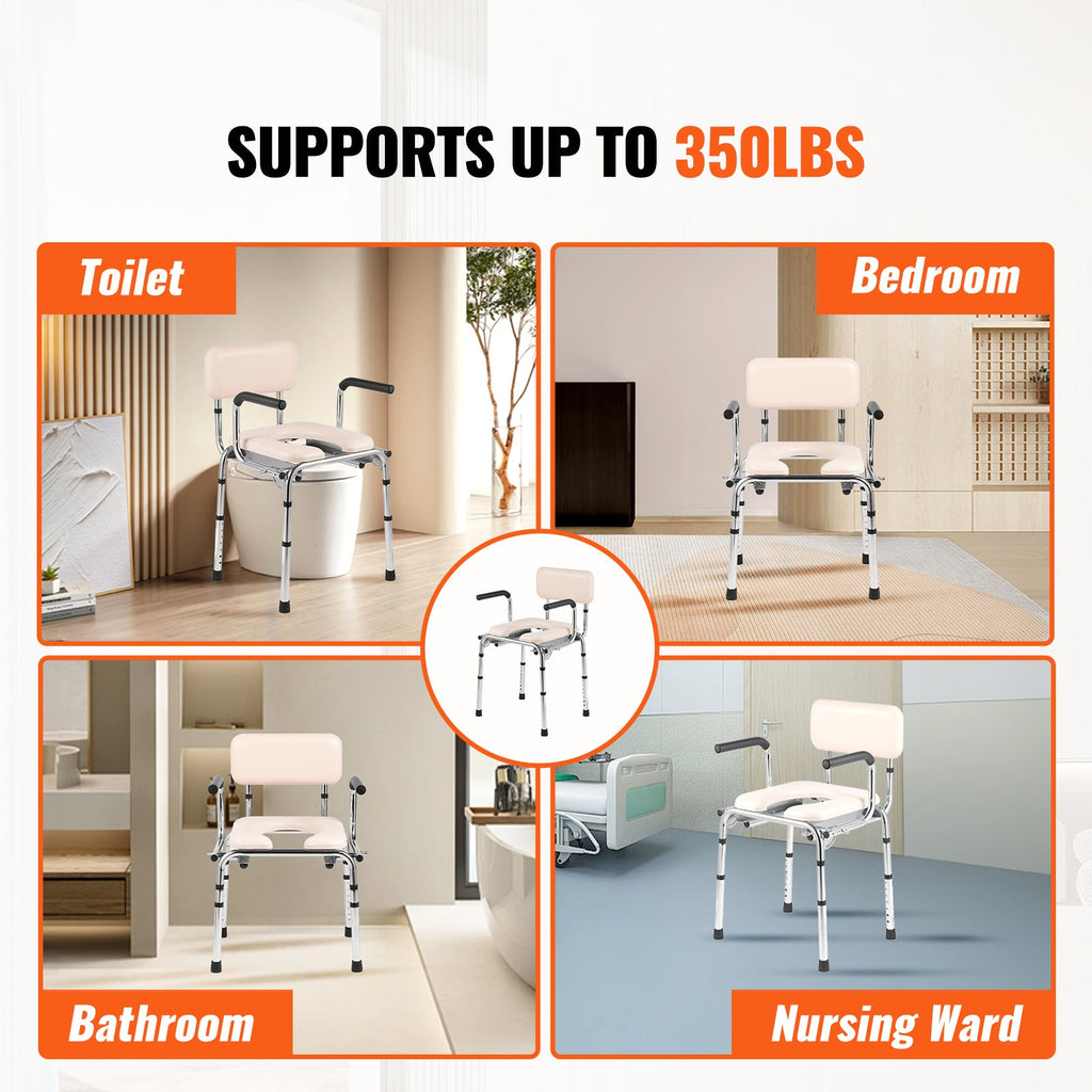 Commode Chair Padded Seat Drop-Down Arms 7-Level Adjustable Steel 350 LB