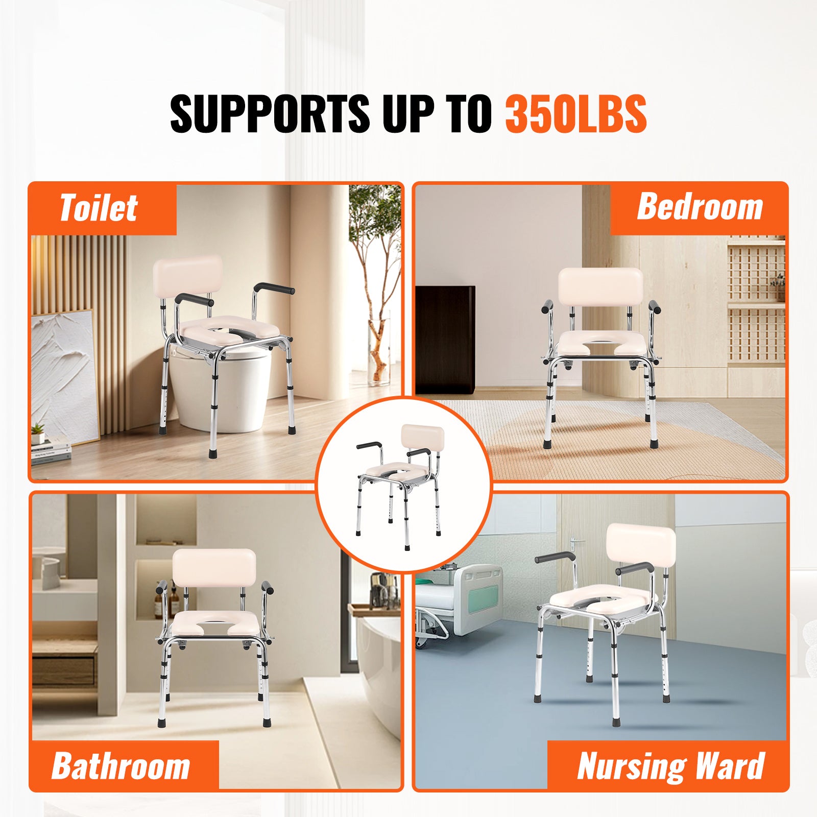 Commode Chair Padded Seat Drop-Down Arms 7-Level Adjustable Steel 350 LB
