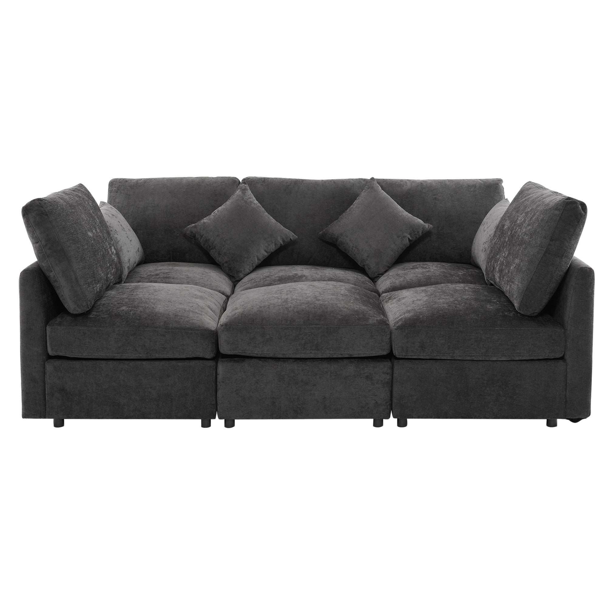 Sectional Sofa U-Shape Modular Chenille Black 5-Seat USB Ports 86.6x61.4 In