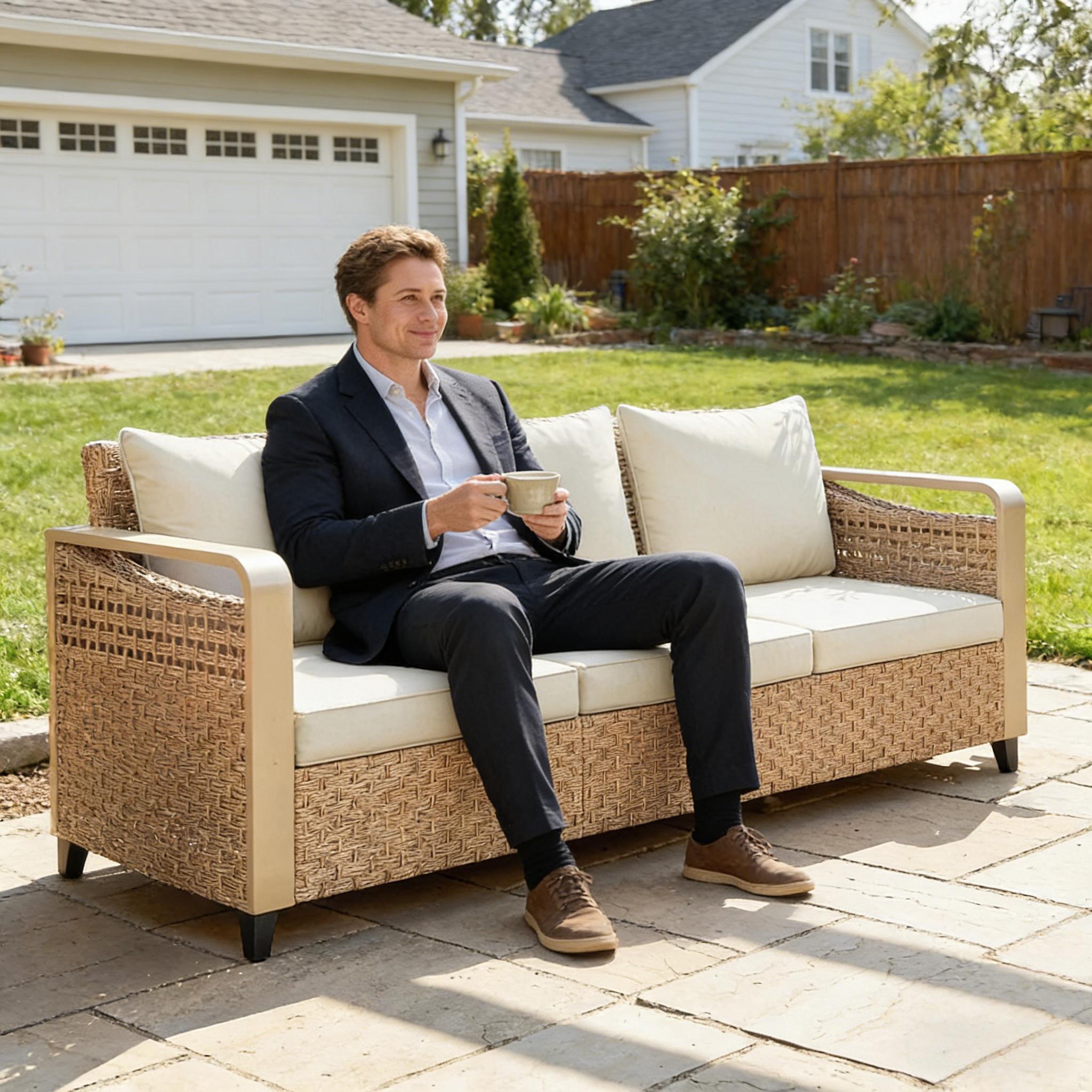 Outdoor Patio Sofa PE Rattan Brown Beige Cushions 3 Seat 76in