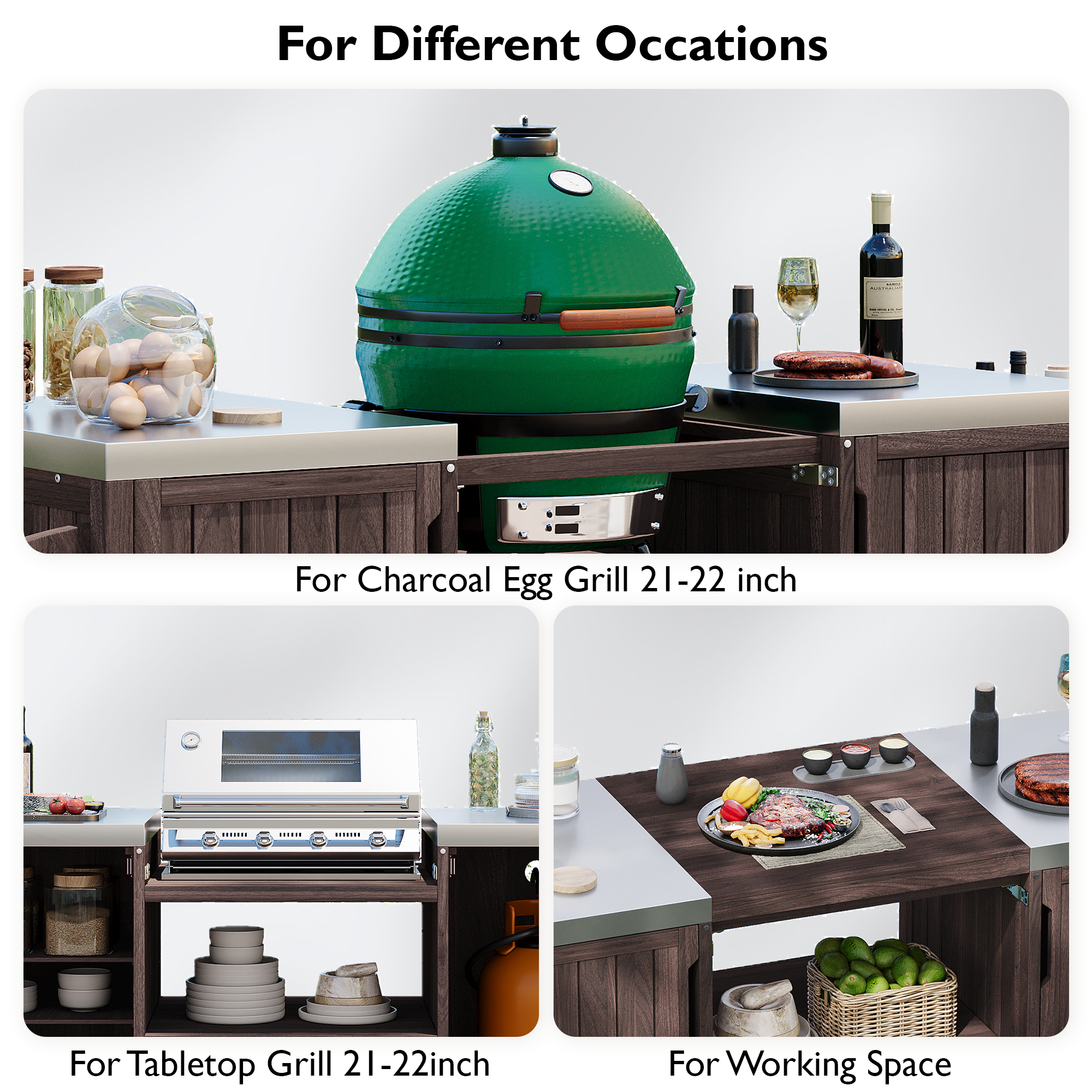 Outdoor Kitchen Island Grill Cart Fir Wood Stainless Steel 66.5
