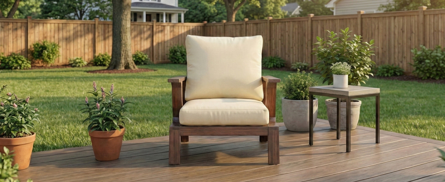 Outdoor Accent Chair Acacia Wood Dark Brown Beige Cushion 27.6in
