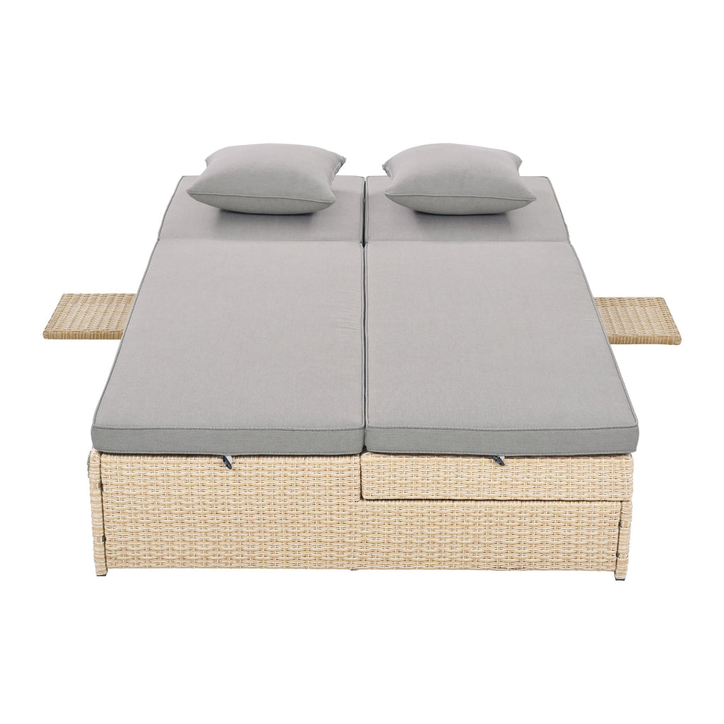 Outdoor Double Sunbed, Wicker Rattan Patio Reclining Chairs with Adjustable