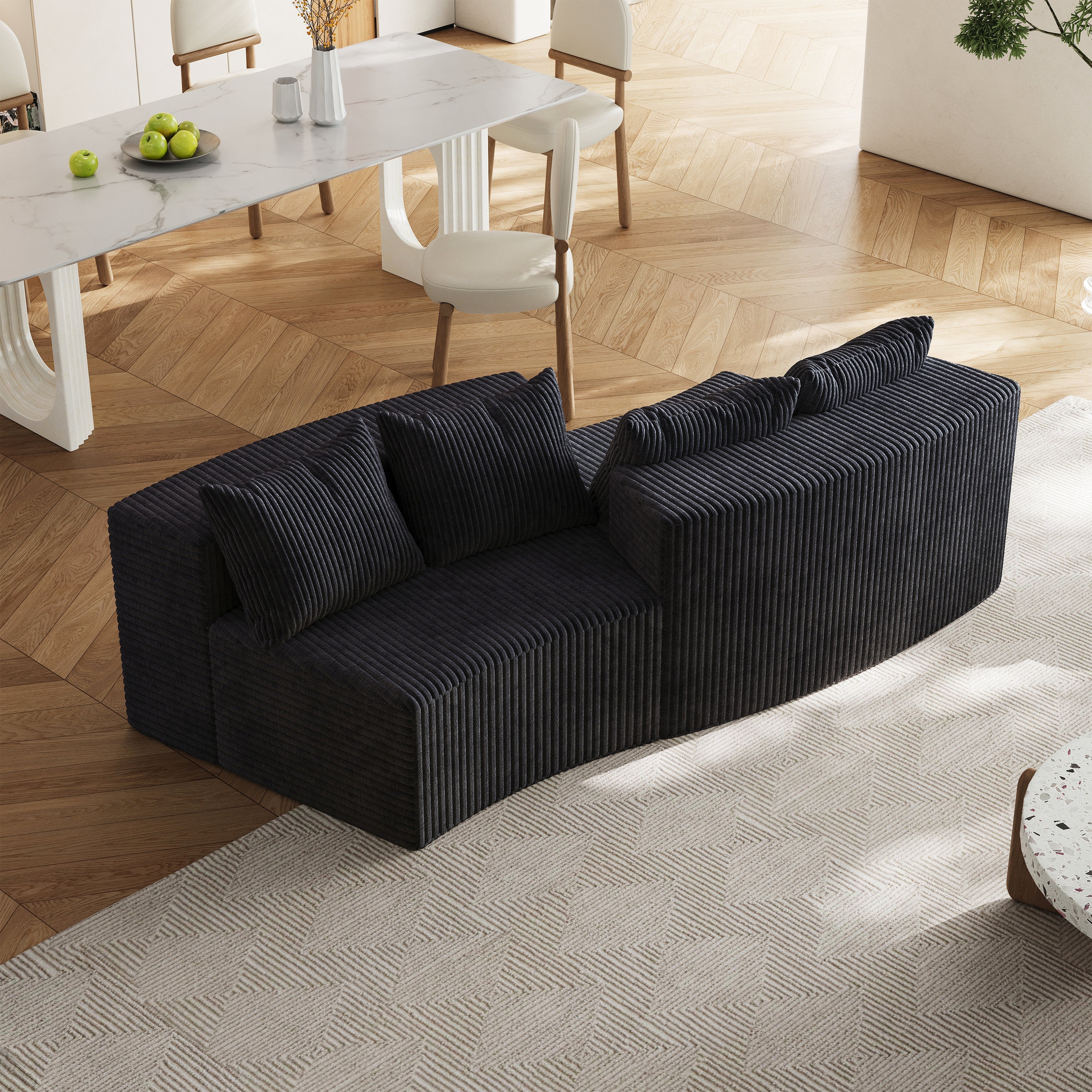 Sectional Sofa Curved Corduroy Black 2 Seat Modular No Assembly