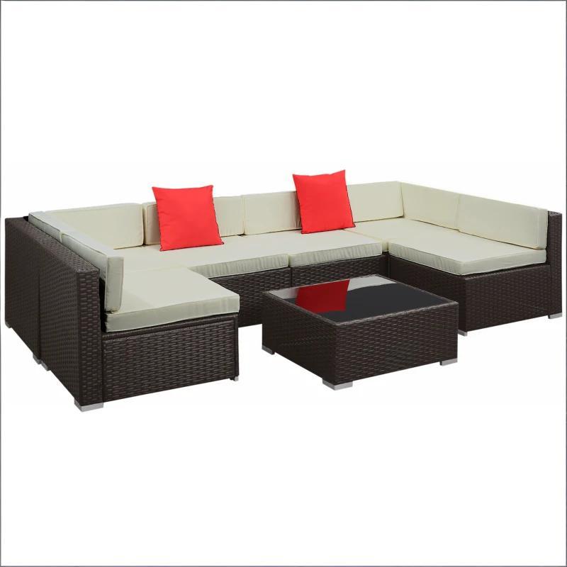 Outdoor Sectional Set PE Rattan Steel Beige Cushion 7 Piece L-Shape Seats 6