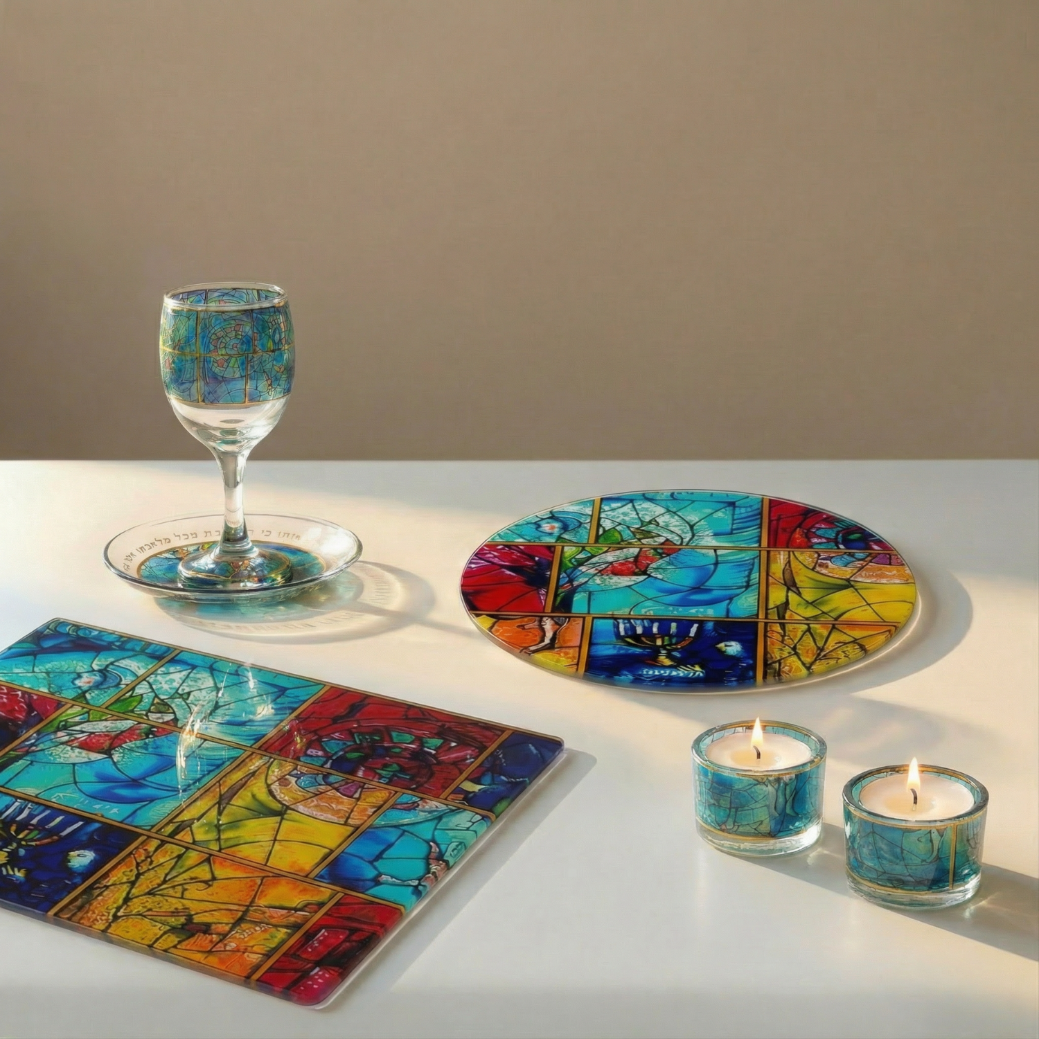 Artistic Kiddush Cup with Laser Engraving and Matching Base – Chagall Glass Series