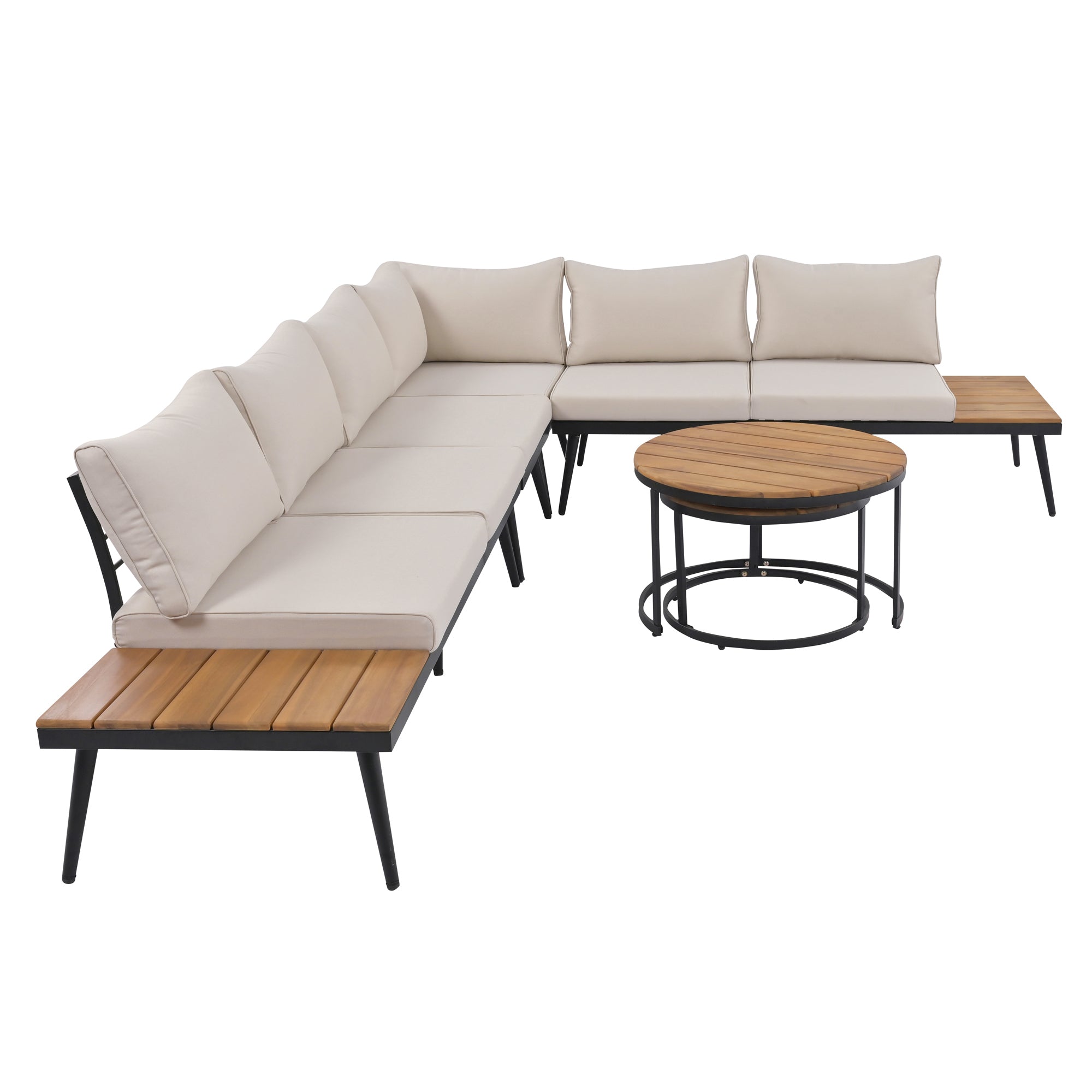 Outdoor Sectional Set Acacia Wood Steel Beige Cushion 6 Piece Seats 5