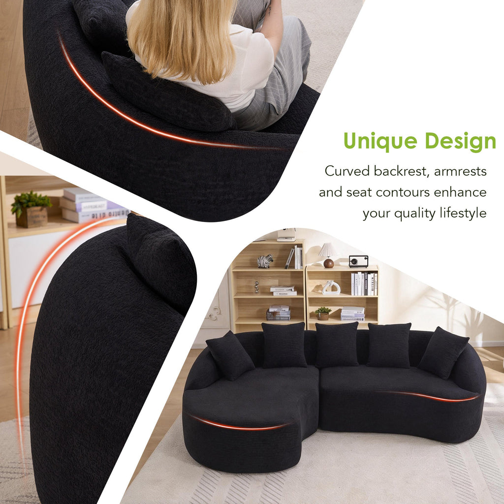 Sectional Sofa L-Shape Curved Chaise Chenille Black 5 Seat 106 In