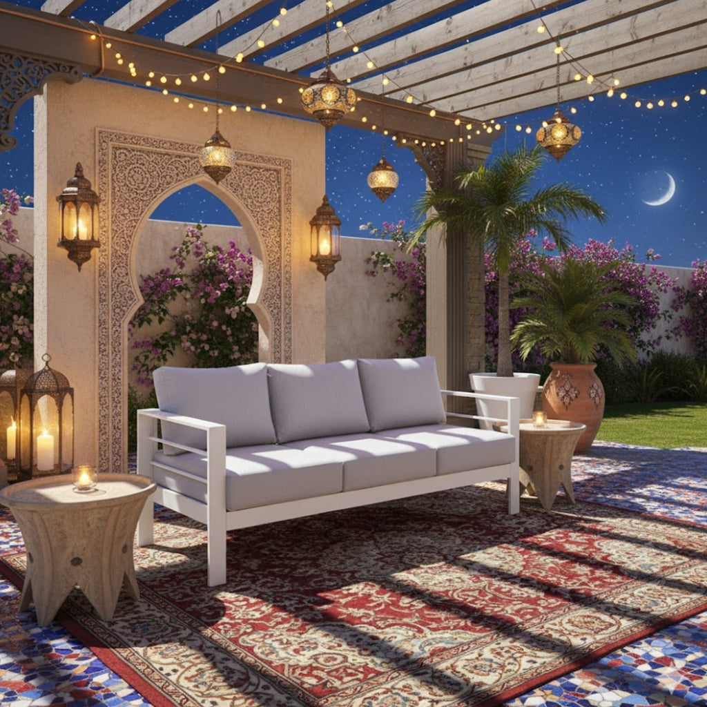 Outdoor Aluminum Sofa 3 Seat 74in White Cushions