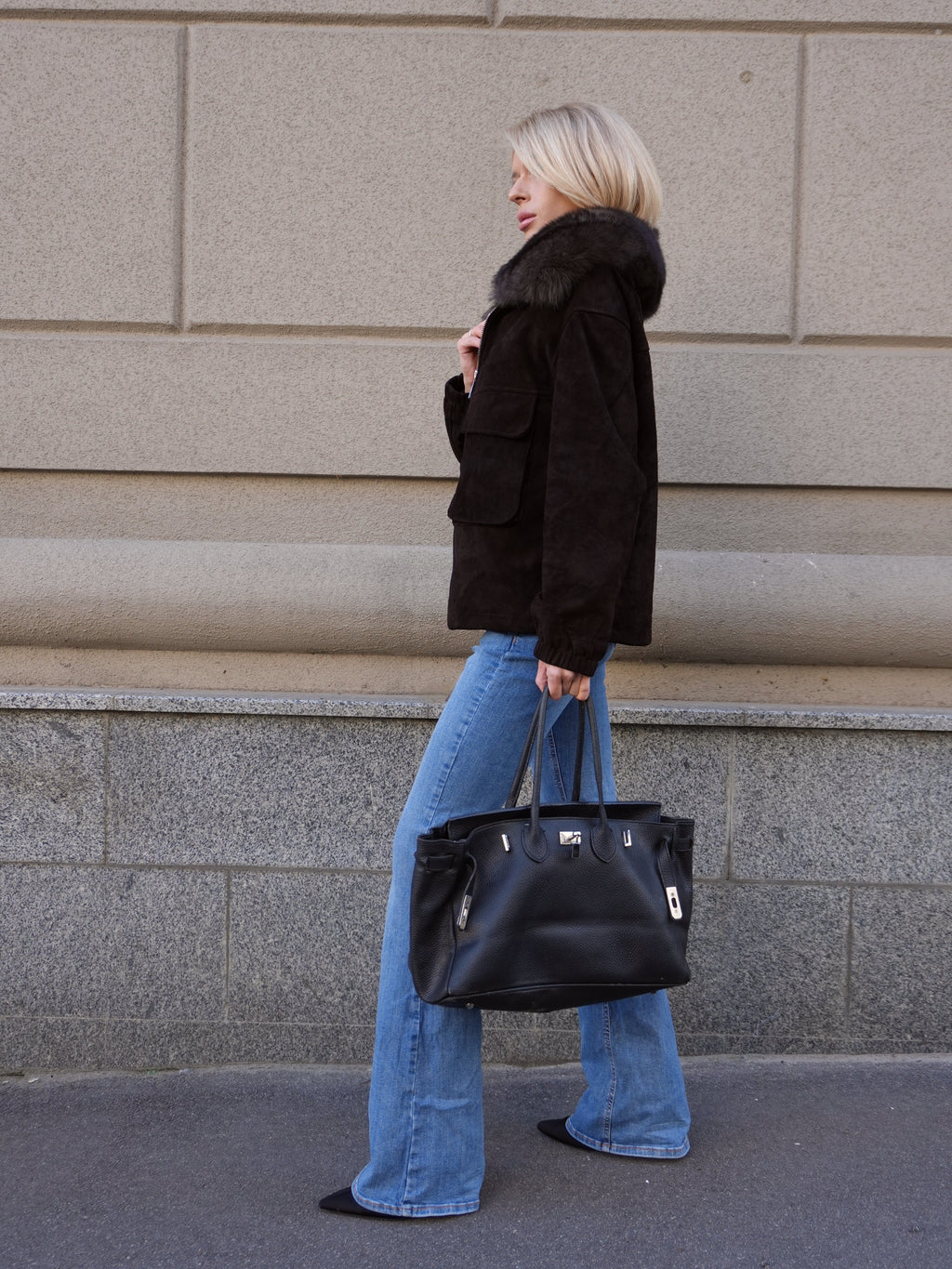 Nebraska Genuine Suede Polar Fox Trim Jacket in Cognac