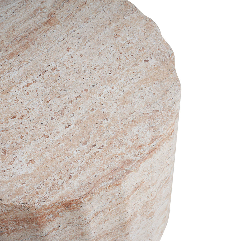 Outdoor / Indoor Lightweight Concrete Side Table, Cylinder Travertine Finish Accent Table - Beige