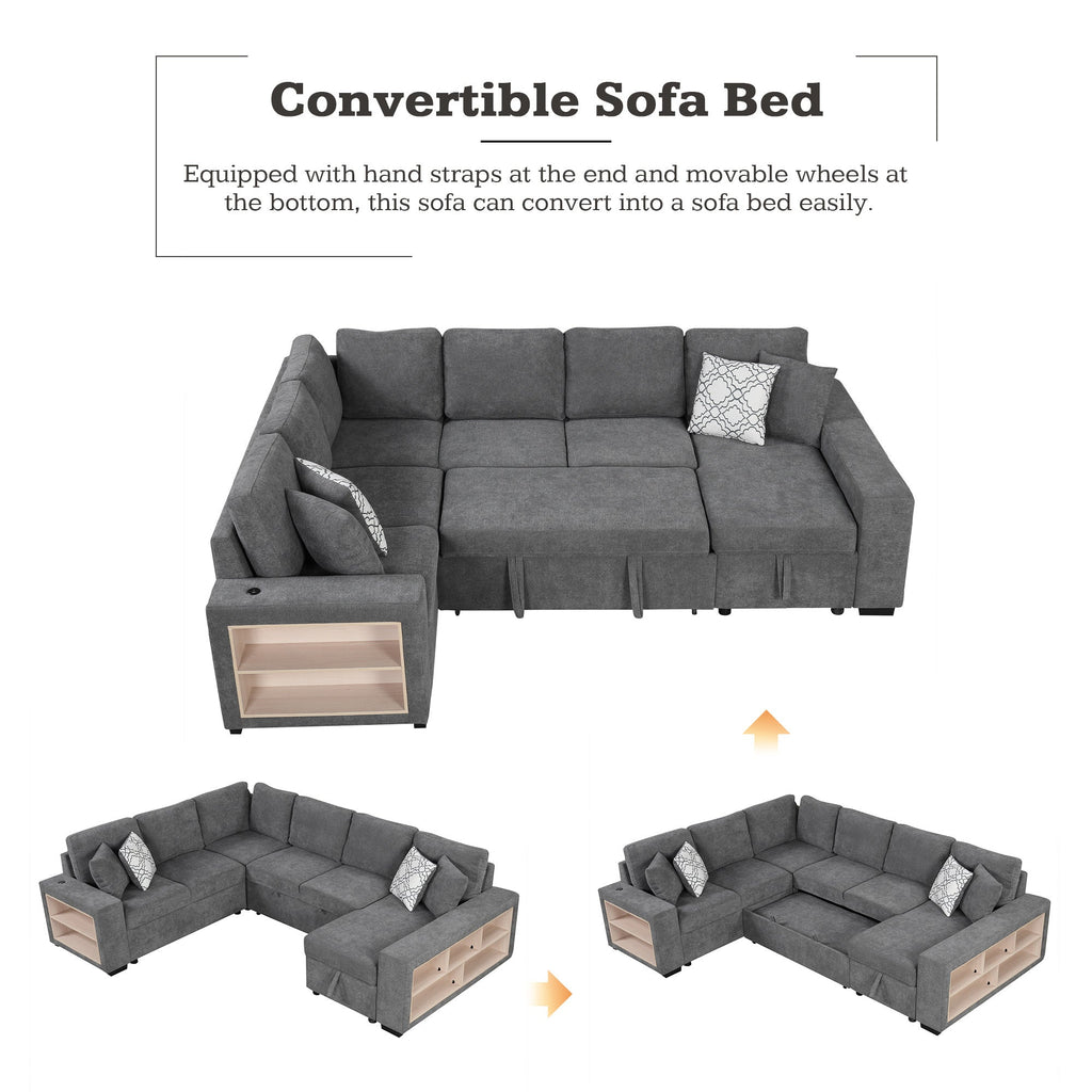 Sectional Sofa U-Shape Chenille Gray 5 Seat USB Ports Pull-Out 109 In