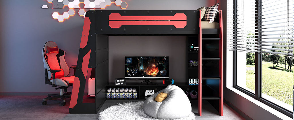 Twin Size Wood Loft Bed with Desk, Multi-storage Shelves and RGB Light, Red