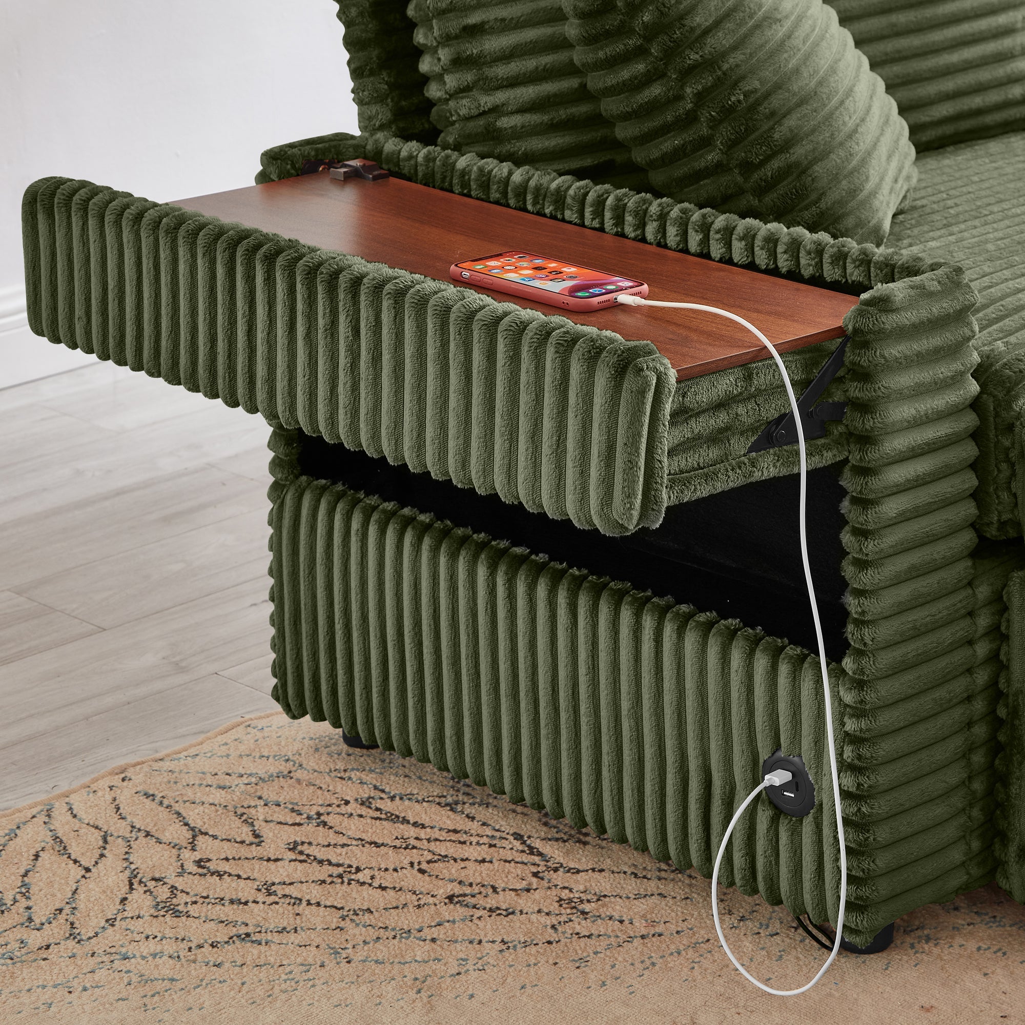 Sectional Sofa L-Shape Corduroy Green Storage Chaise 2 Ottomans USB 69 In