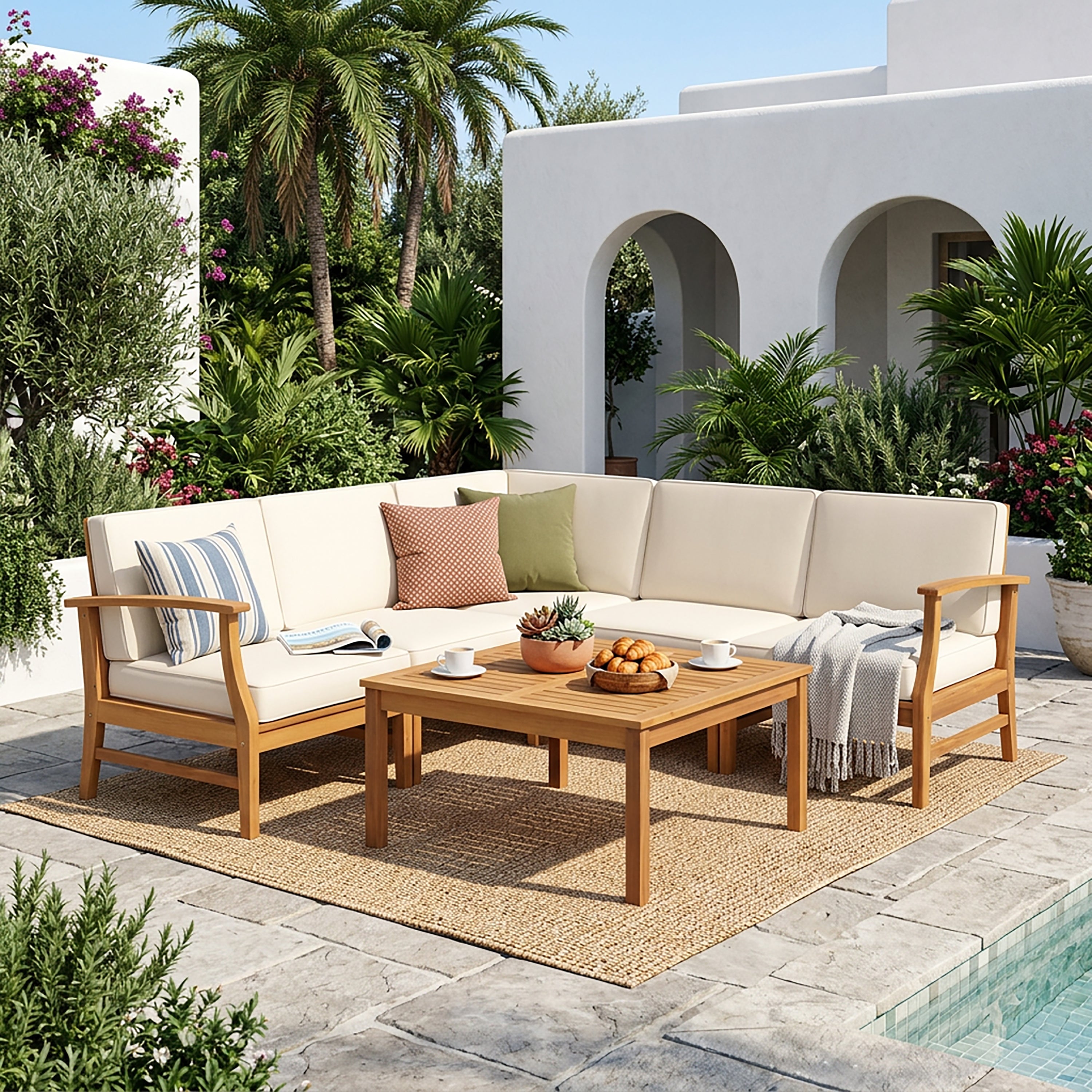 Outdoor Sectional Set Acacia Wood Cream 6 Piece Modular Seats 5