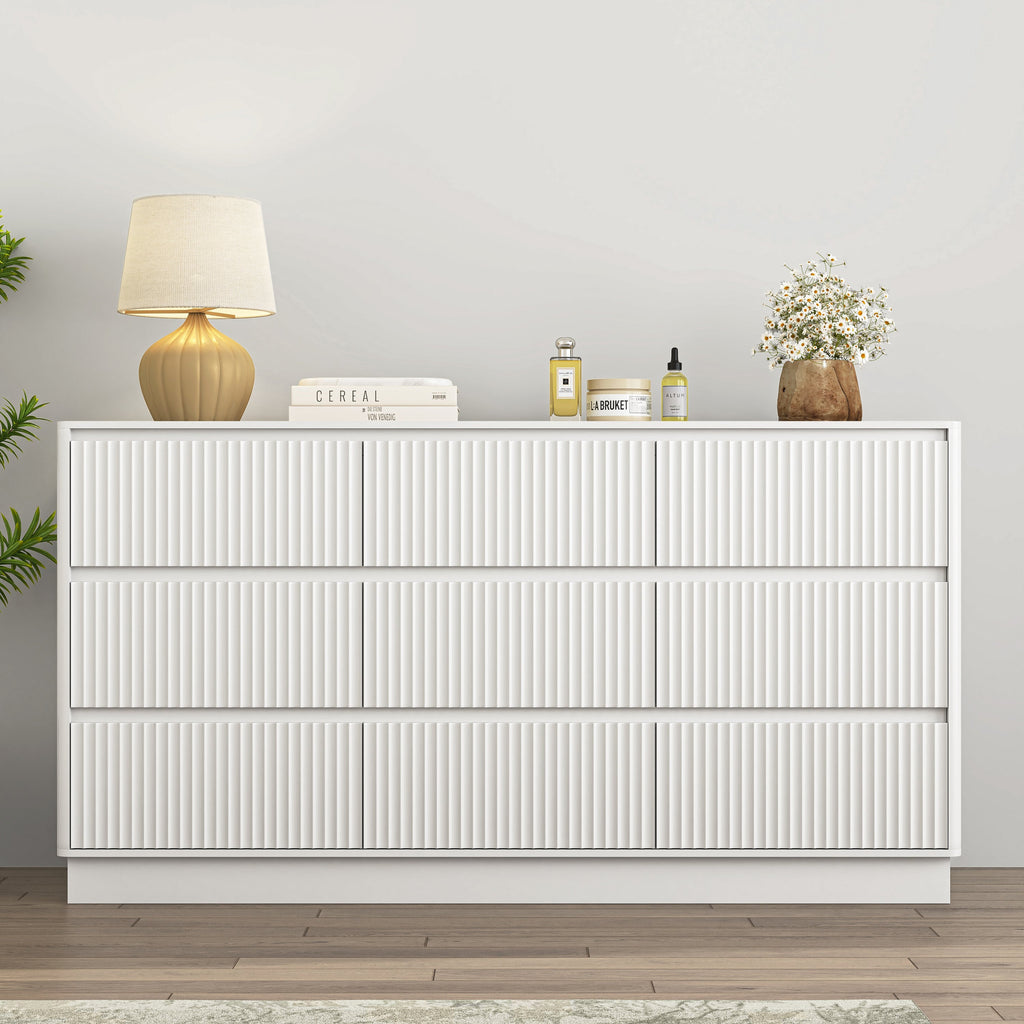 Dresser Mid-Century 9-Drawer White Wave No-Handle 59.1x15.7x31.6 In