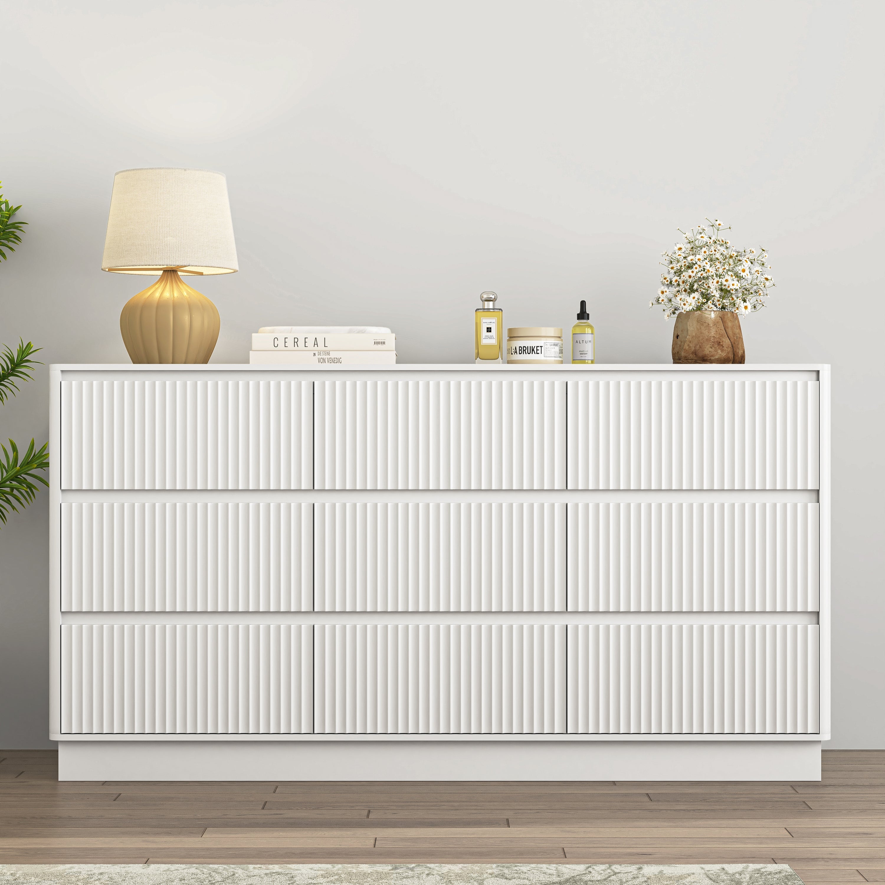 Dresser Mid-Century 9-Drawer White Wave No-Handle 59.1x15.7x31.6 In