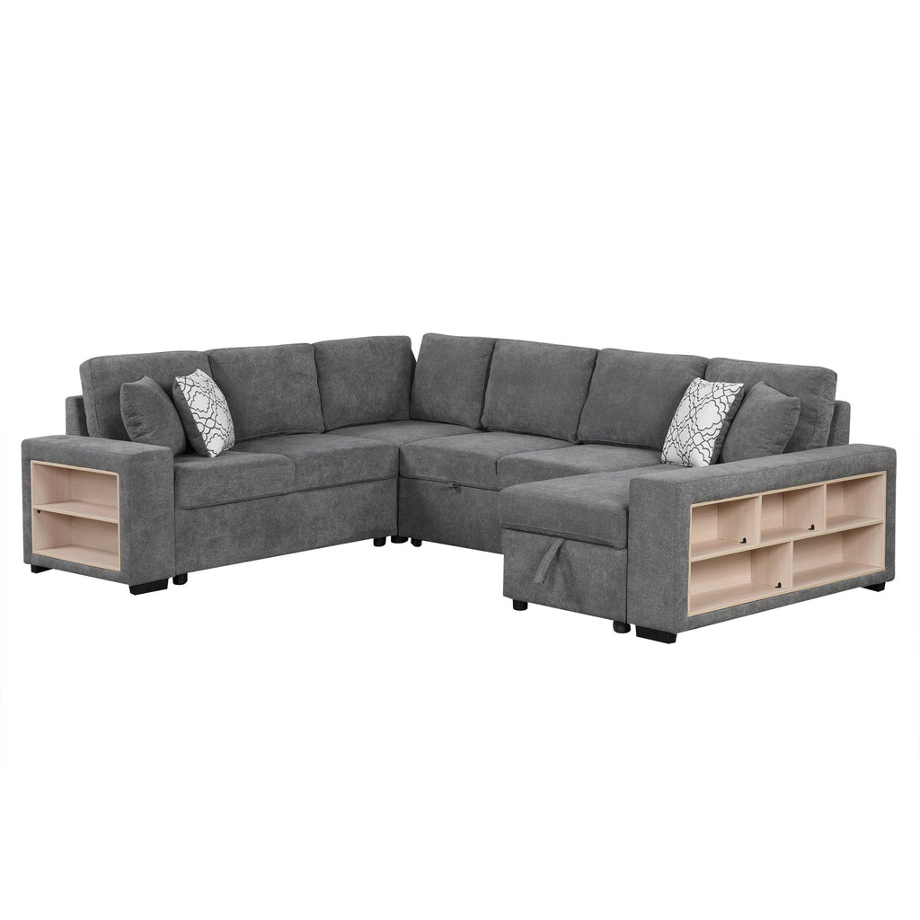 Sectional Sofa U-Shape Chenille Gray 5 Seat USB Ports Pull-Out 109 In