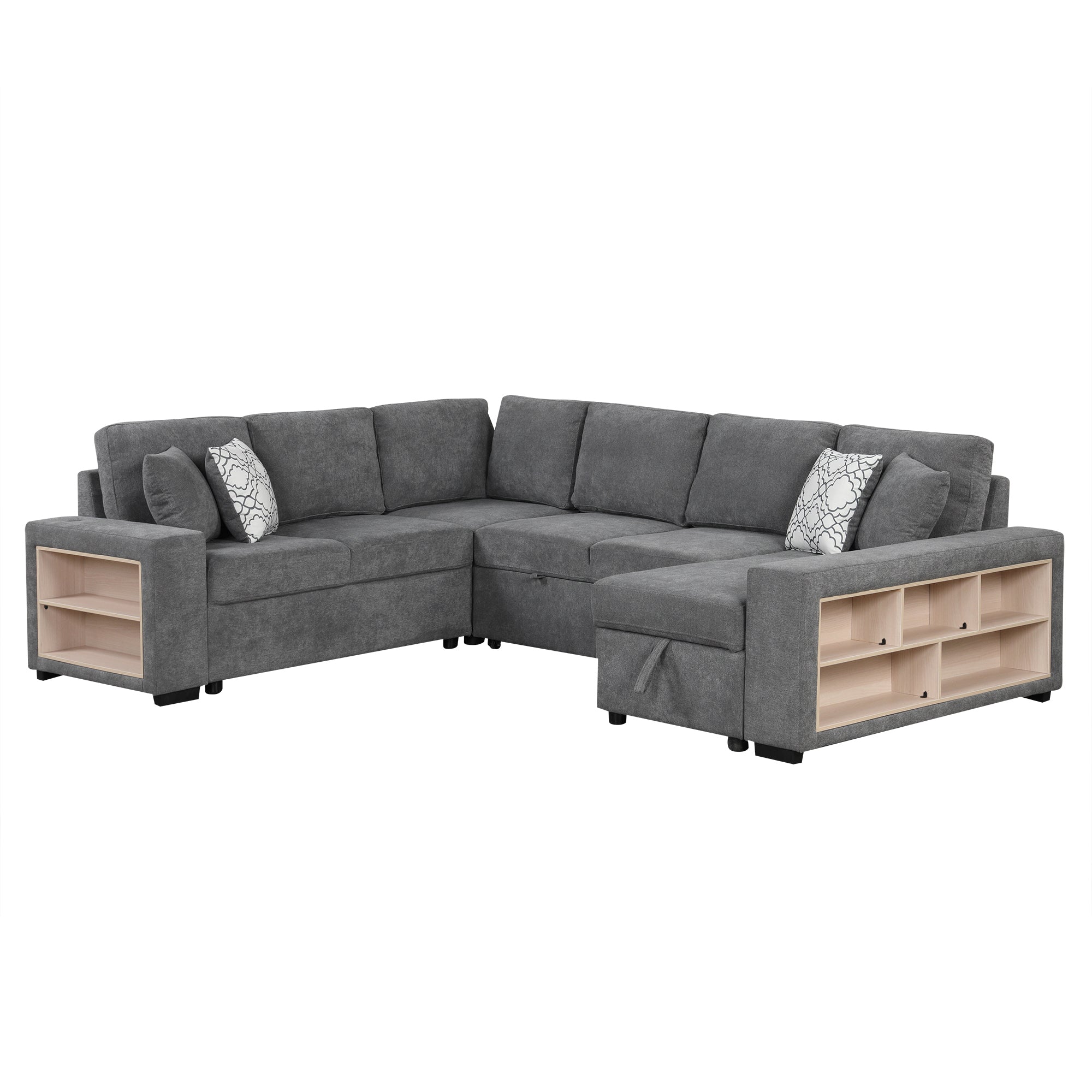 Sectional Sofa U-Shape Chenille Gray 5 Seat USB Ports Pull-Out 109 In