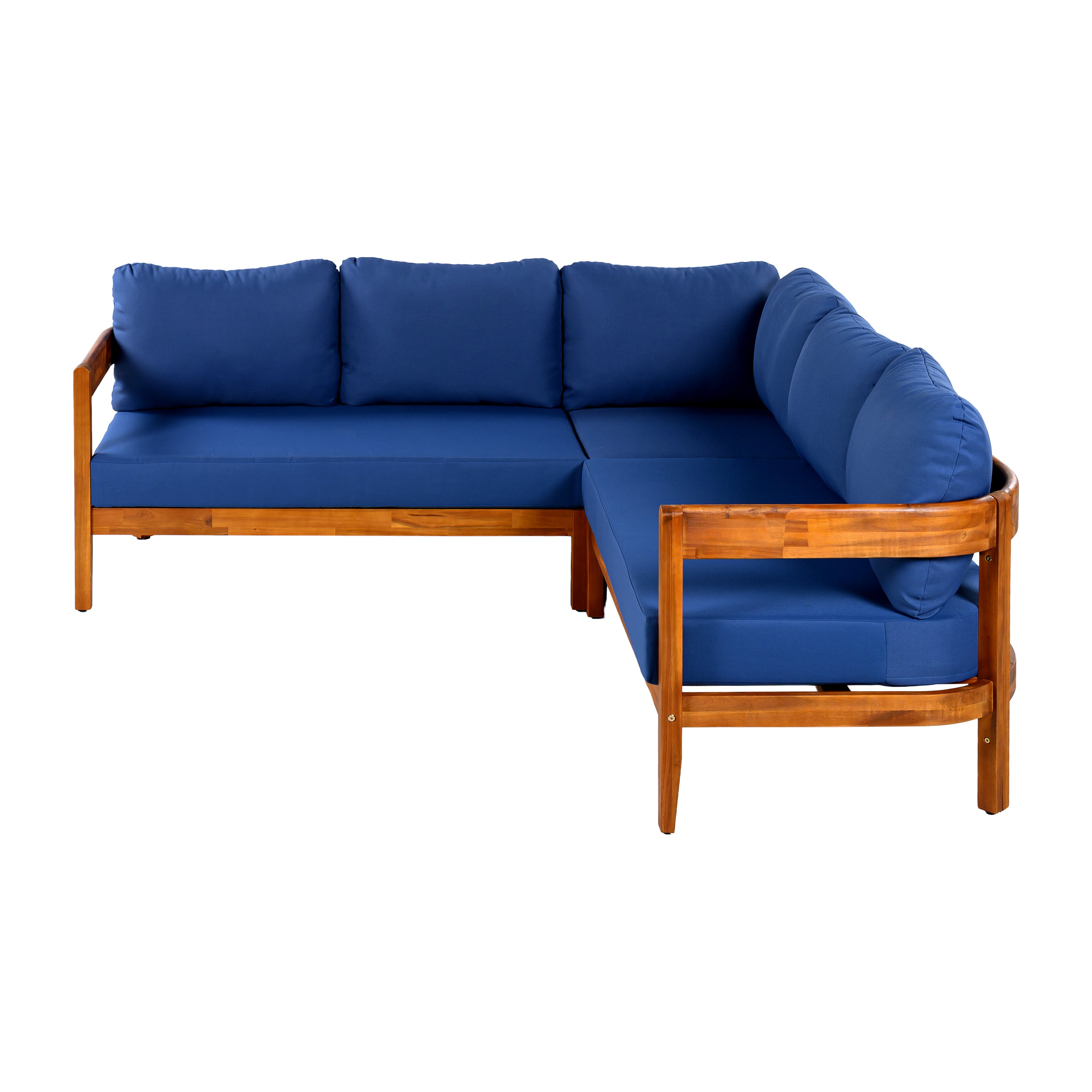 Outdoor Sofa Set Acacia Wood Arc Frame Blue Cushions L-Shape 6 Piece