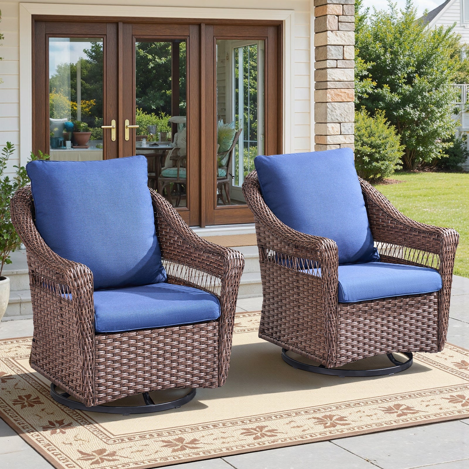 Outdoor Swivel Rocking Chair PE Rattan Brown Set of 2 with Cushions