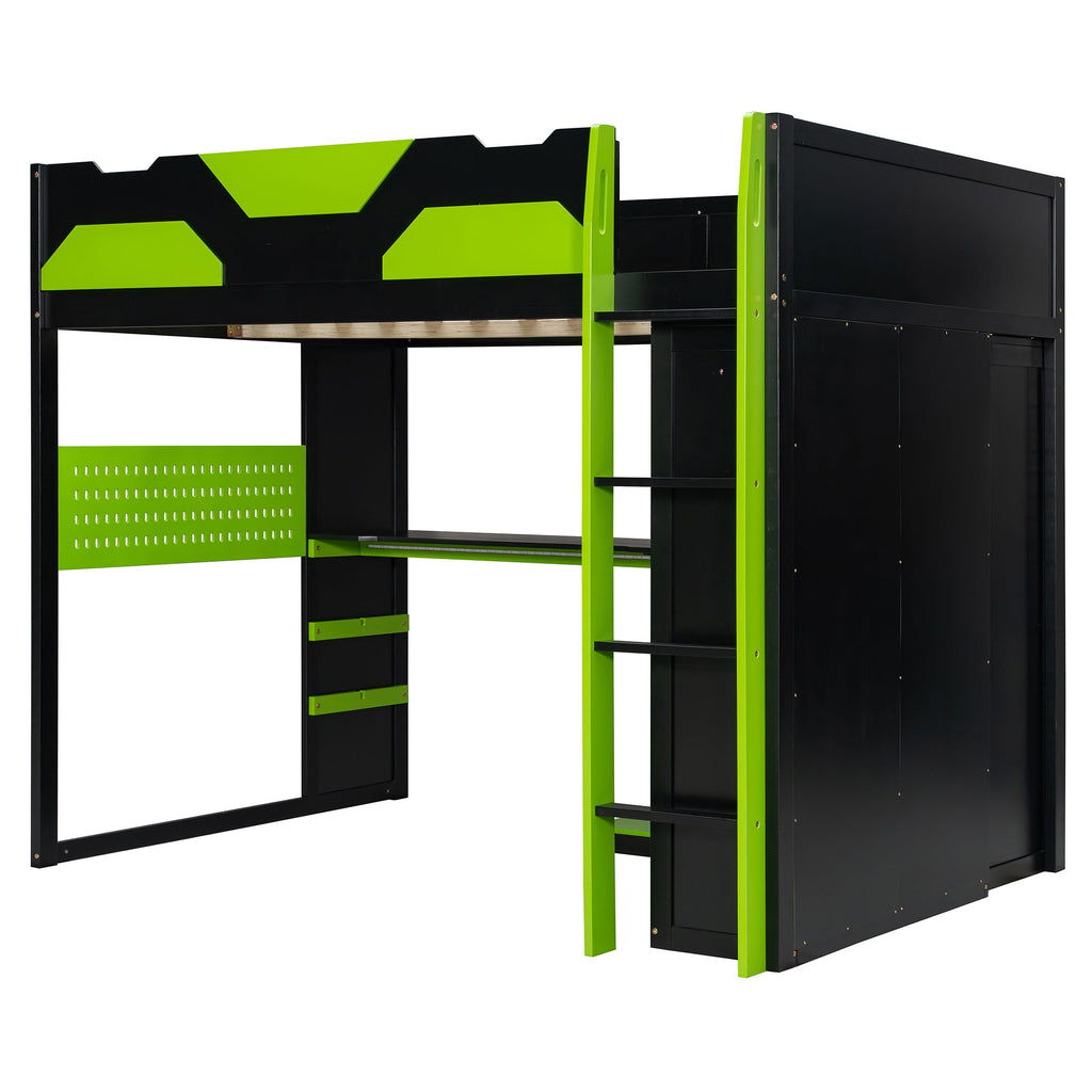 Full Size Wood Loft Bed with Desk, Multi-storage Shelves,USB and RGB Light,Green