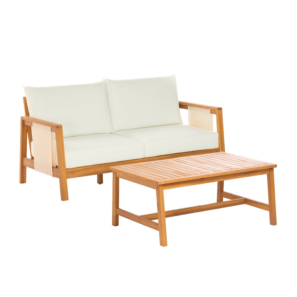 Outdoor Sofa Set Acacia Wood Teak Textilene Beige Cushion 2 Piece