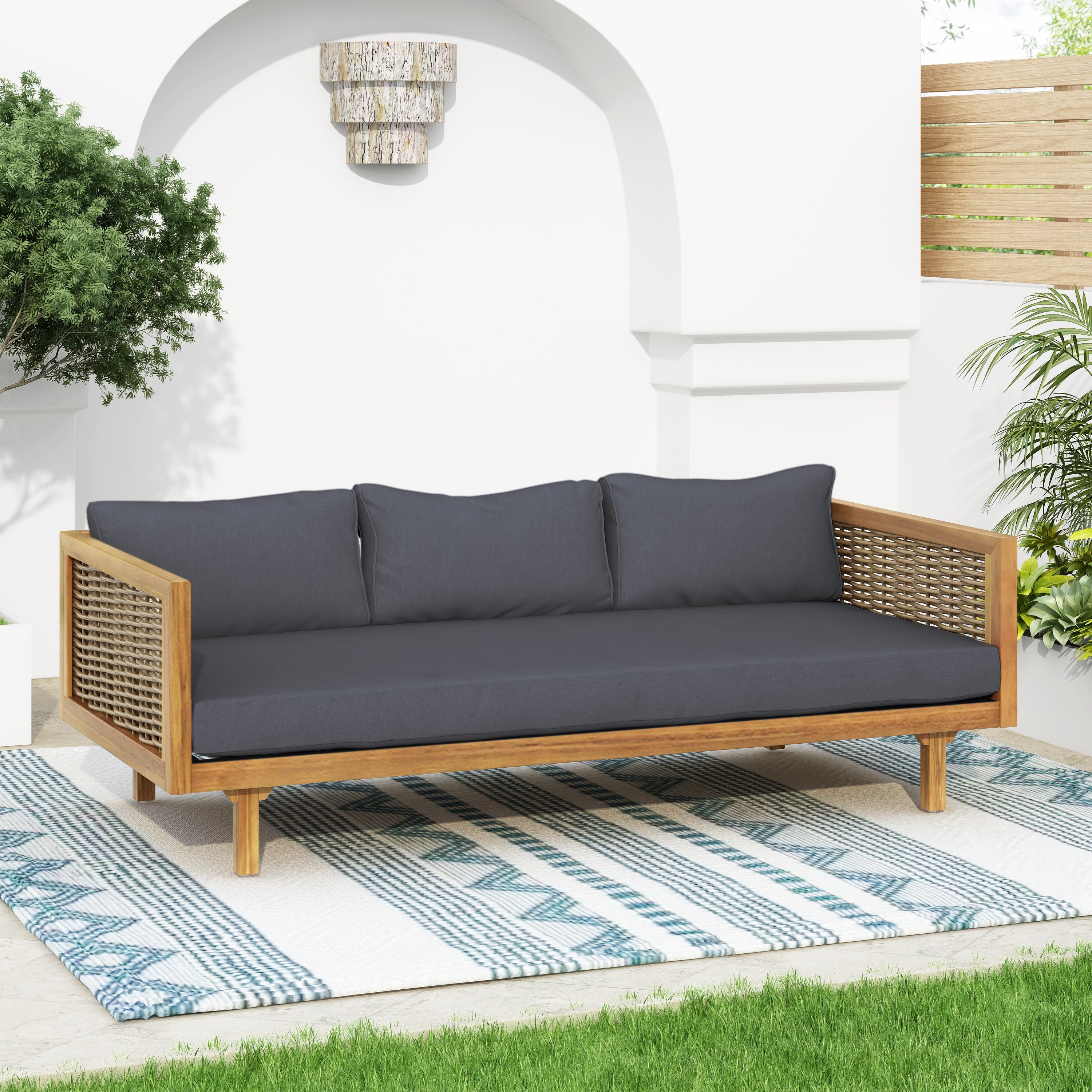 Outdoor Patio Set Acacia Wood Wicker Teak Dark Gray Daybed 2 Piece 600 LB