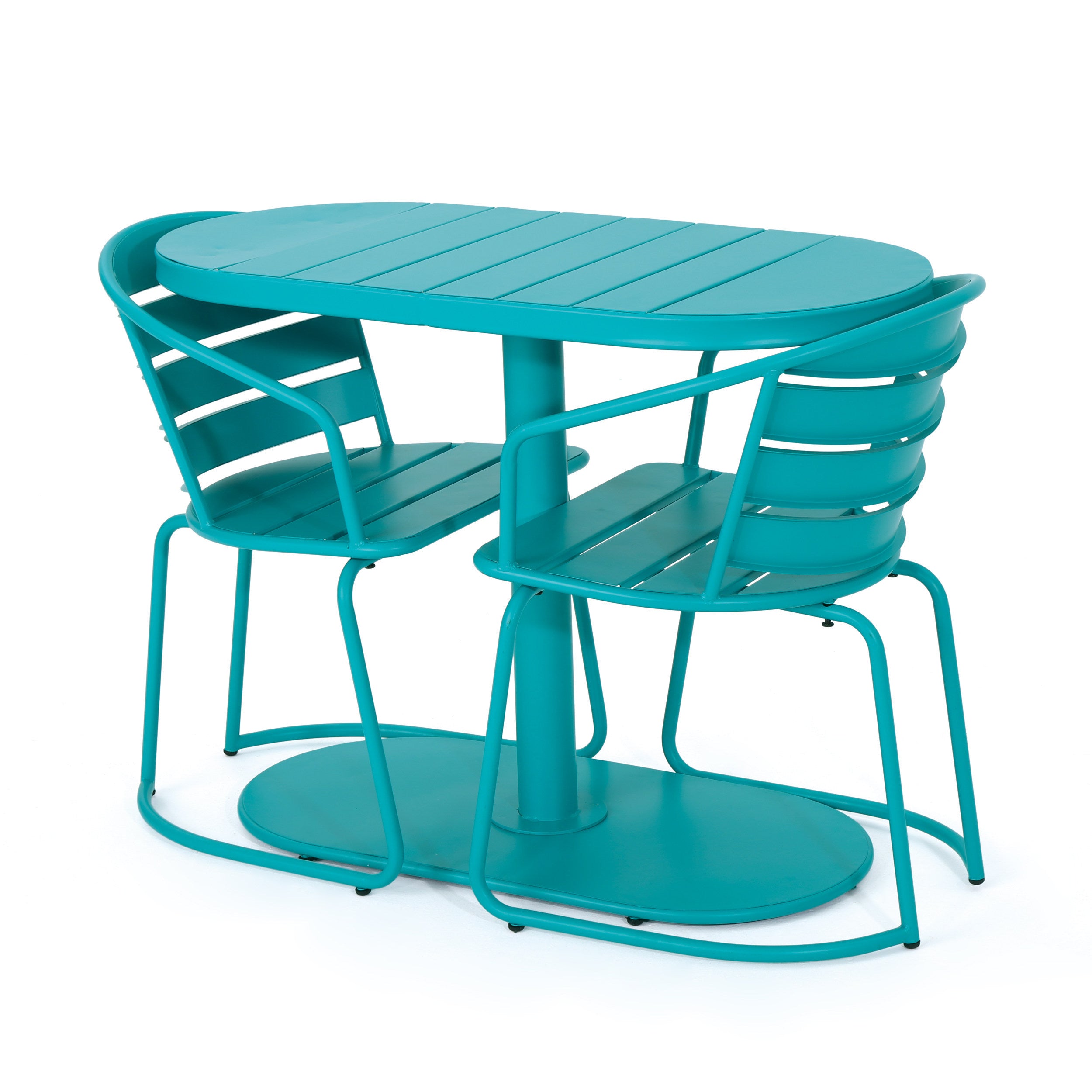 Outdoor Bistro Set Iron Teal 3 Piece Oval Table 2 Chairs Matte Finish