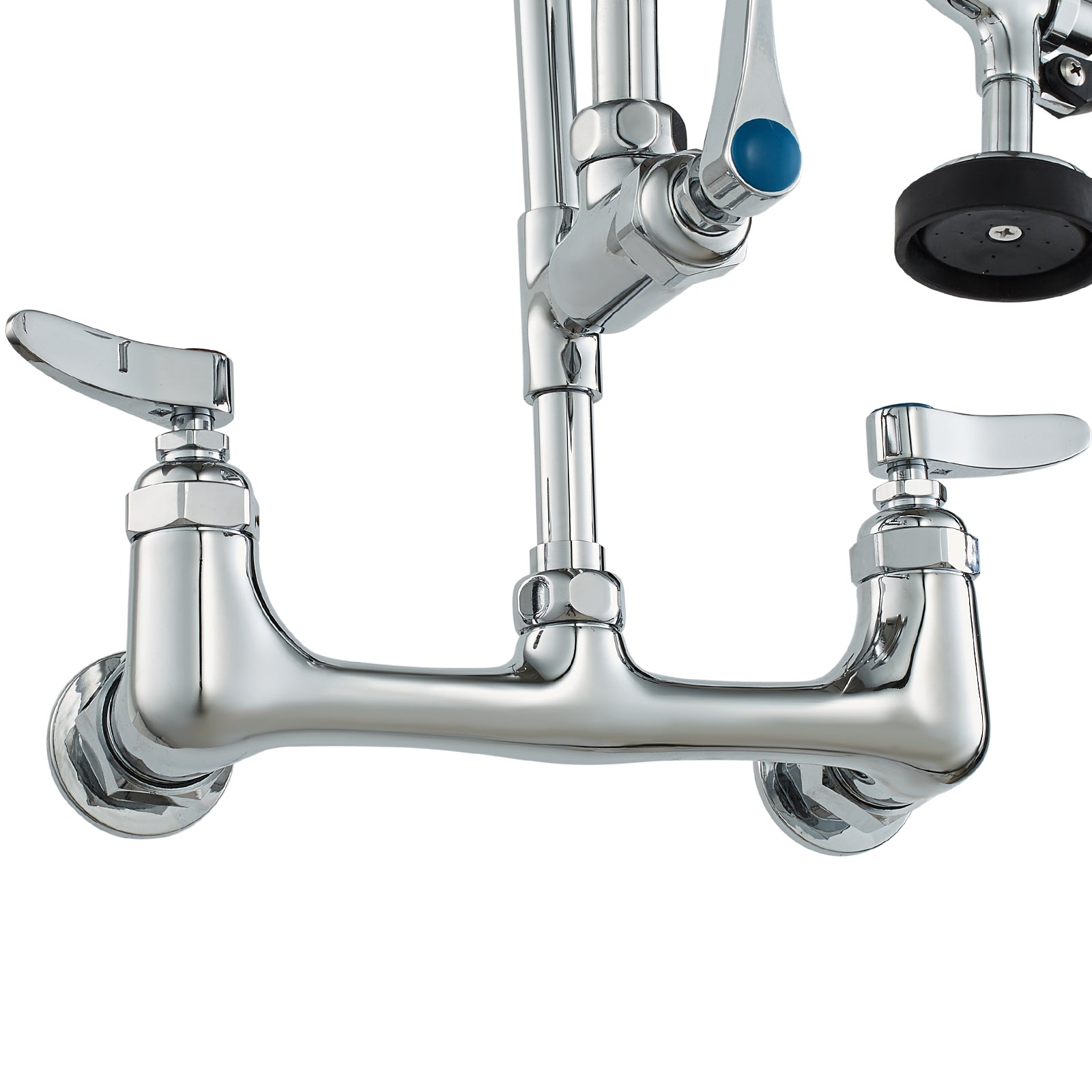 Commercial Faucet with Pre-Rinse Sprayer, 44' Height, 8' Center, 12' Swing Spout, Wall Mount Kitchen Sink Faucet, Brass Constructed Device with Pull Down Spray, for 1/2/3 Compartment Sink