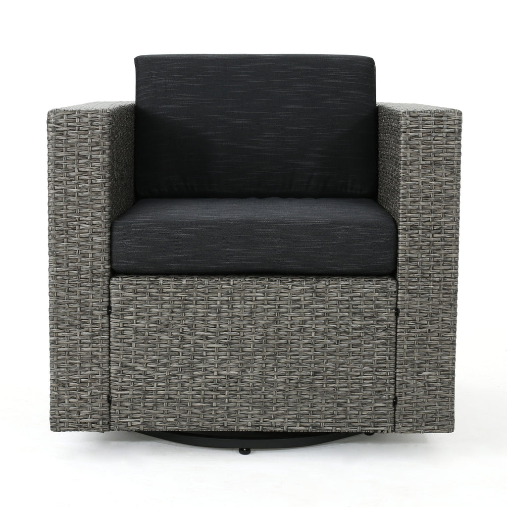 Outdoor Swivel Club Chair Wicker Iron Black Gray Cushion