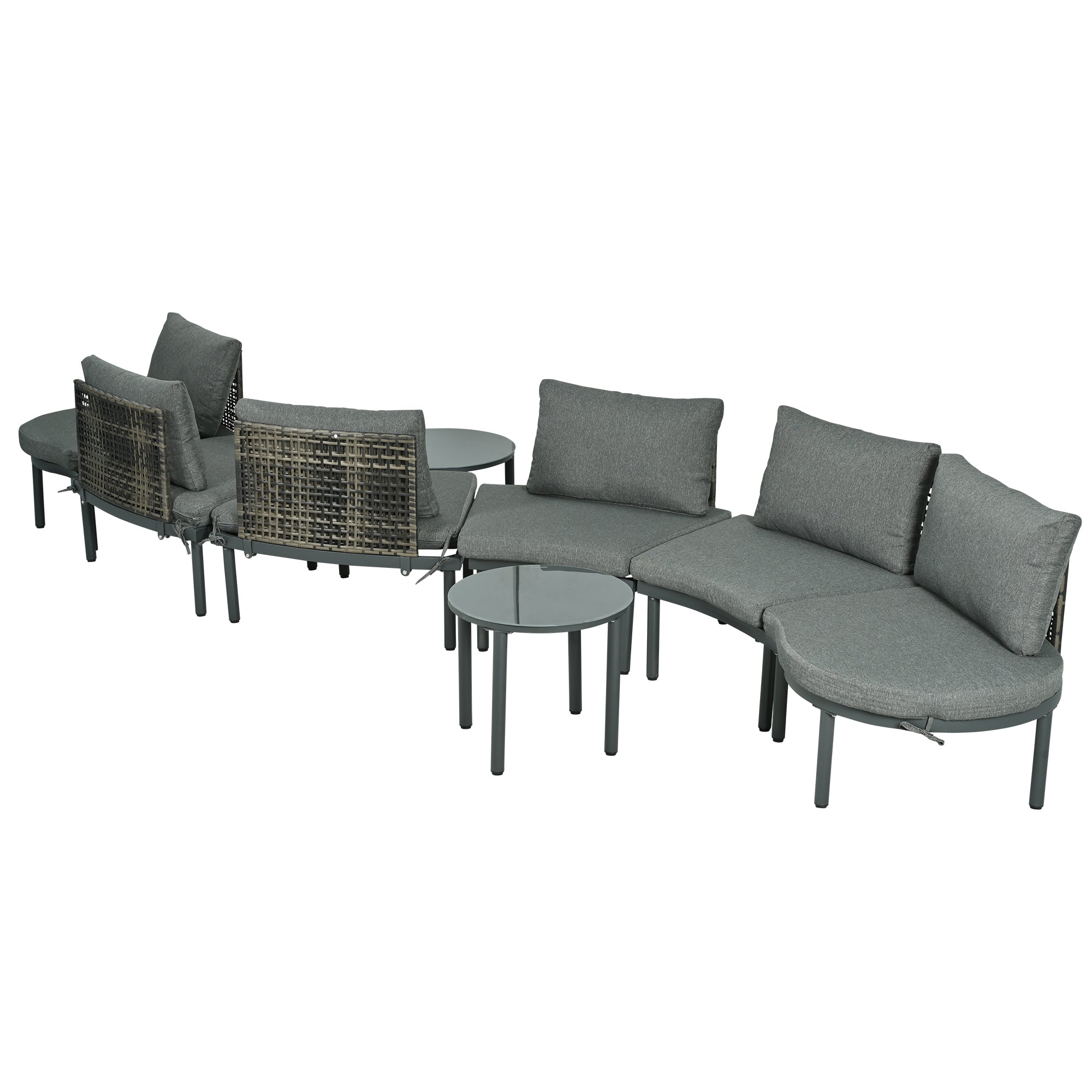 Outdoor Patio Set Half Moon Wicker Aluminum Gray 8 Piece 2 Tables