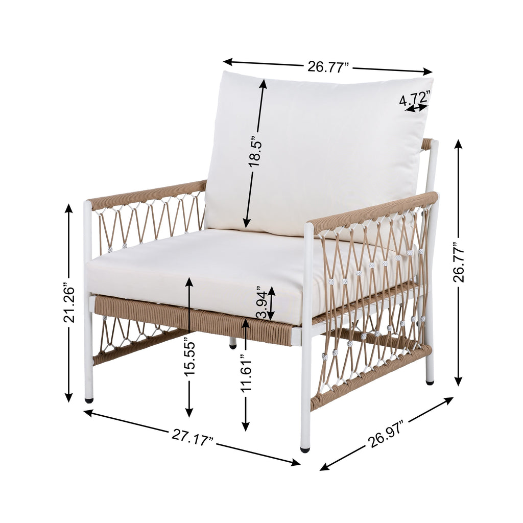 Outdoor Patio Set Bohemian Rope Steel Beige 3 Piece Glass Top Table