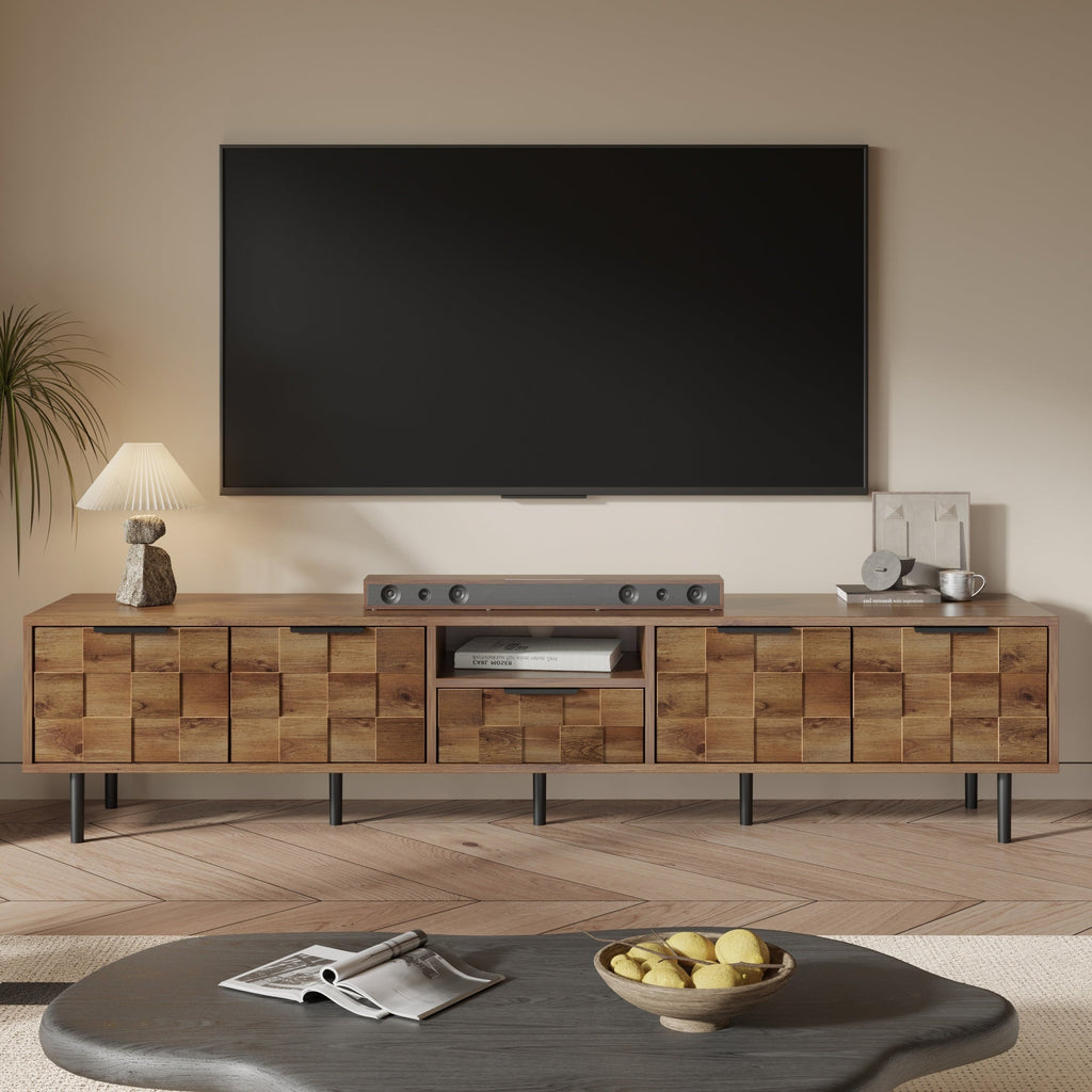 TV Stand Natural Wood Checkered MDF Soft-Close Doors Fits 85 In TV 78.7 In