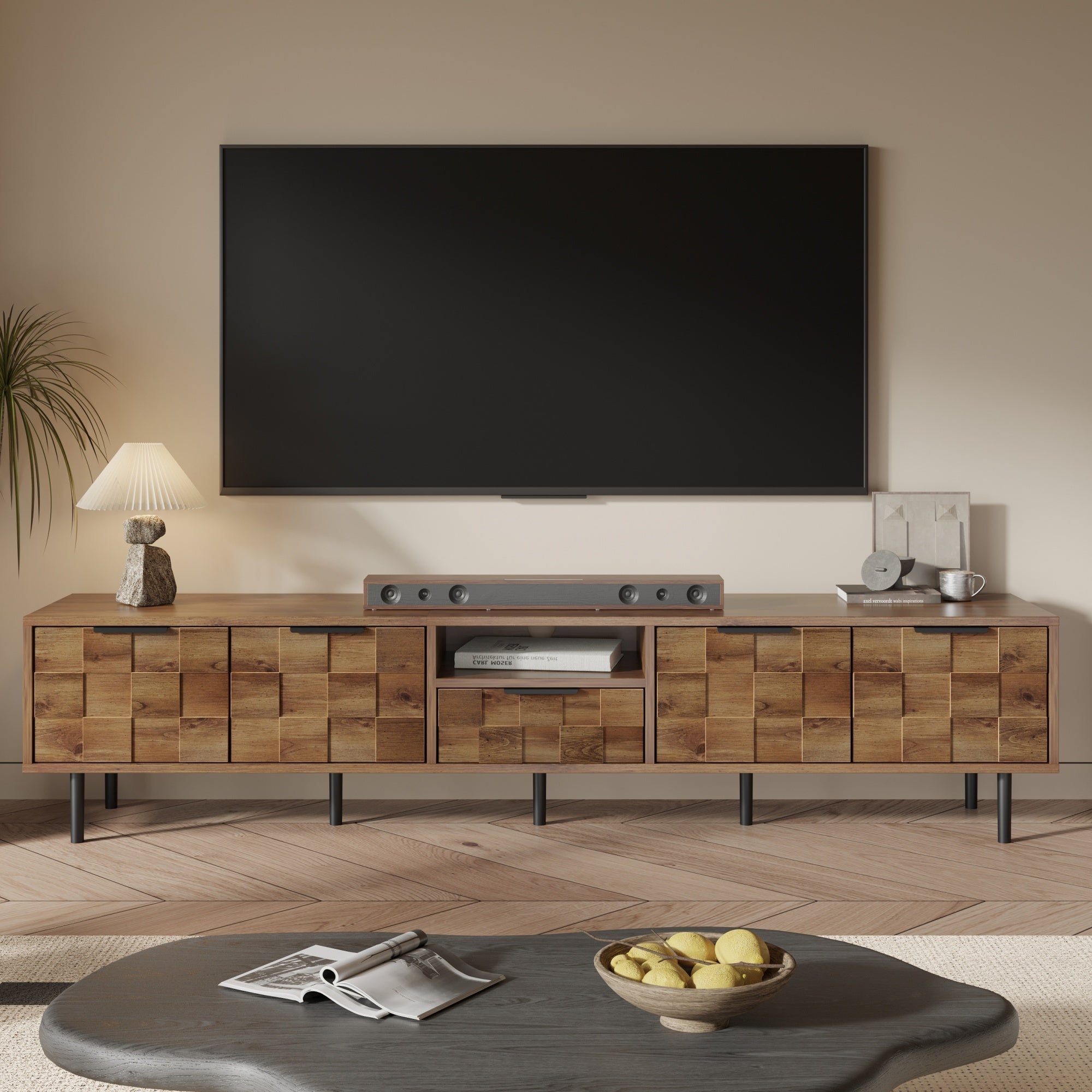 TV Stand Natural Wood Checkered MDF Soft-Close Doors Fits 85 In TV 78.7 In