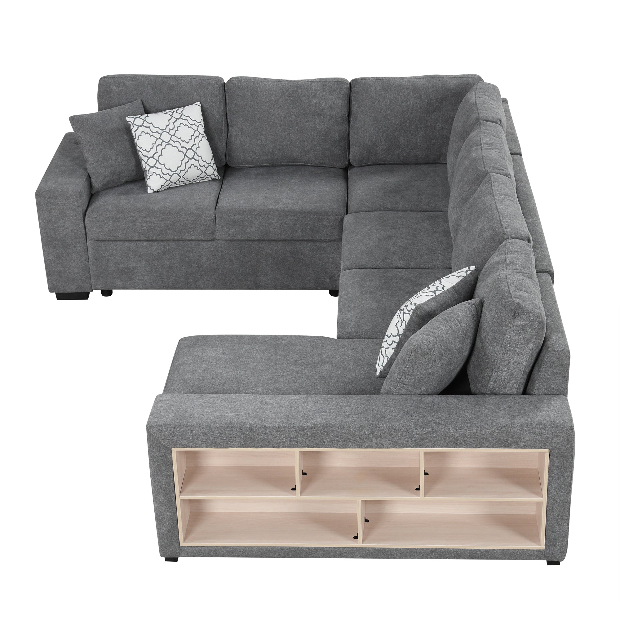 Sectional Sofa U-Shape Chenille Gray 5 Seat USB Ports Pull-Out 109 In